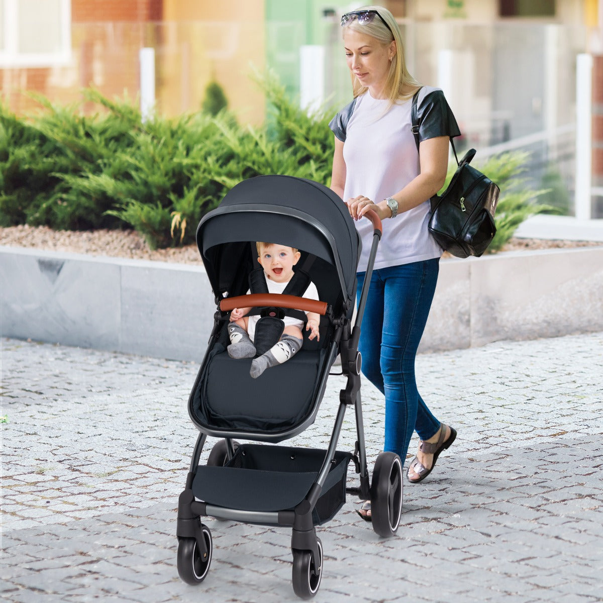 Convertible Baby Stroller with Footmuff and Extendable Canopy-Black
