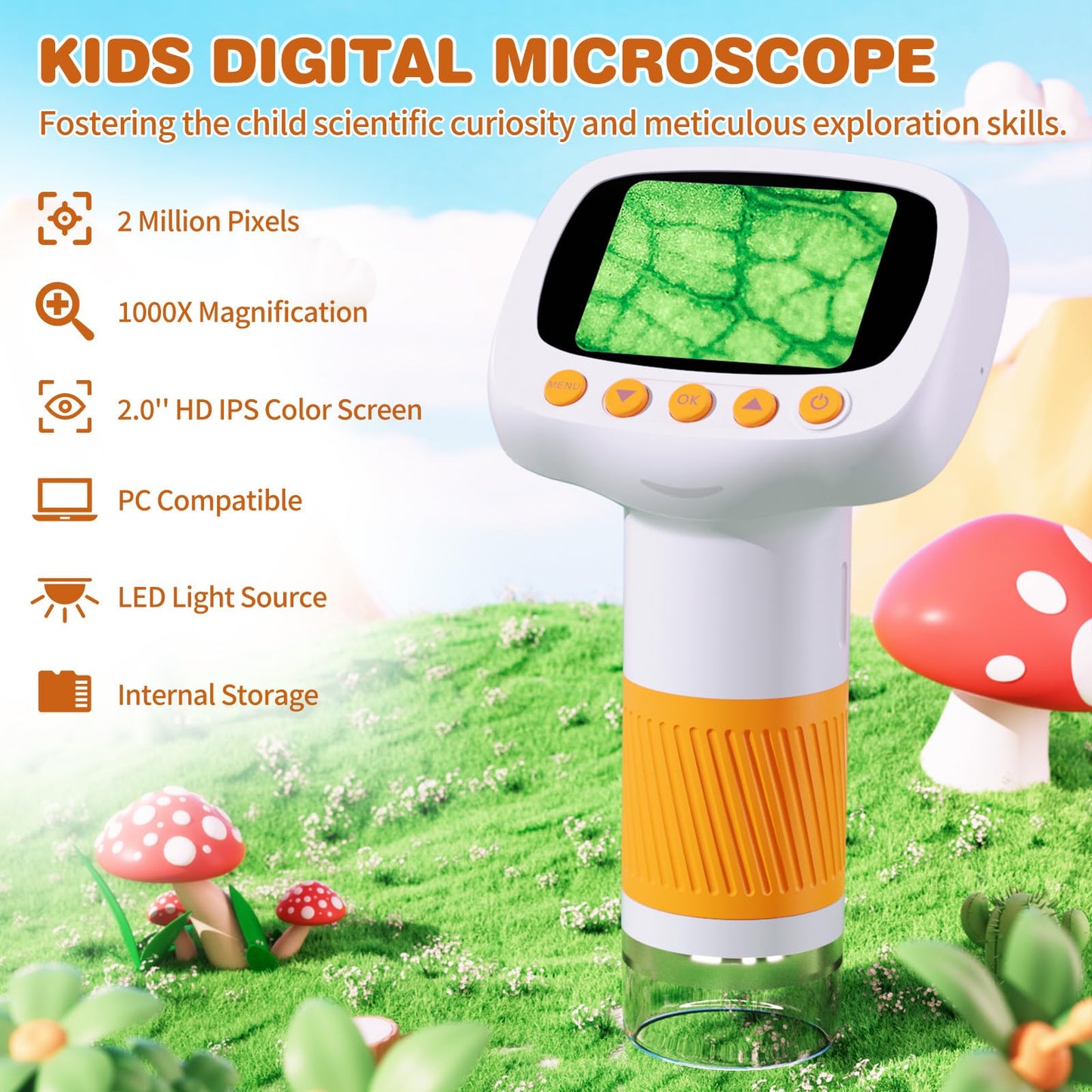 coobest Pocket Kids Microscope – 1000X Handheld Digiscope for Ages 3+, 2-inch IPS Display