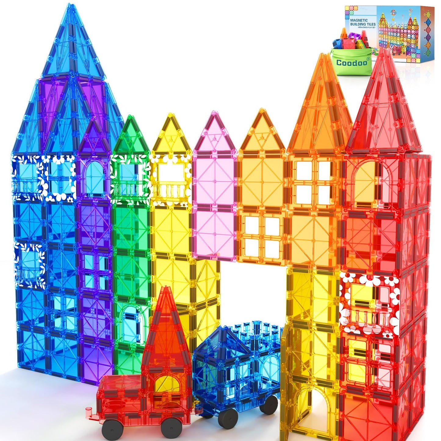 Coodoo 100PCS Magnetic Tiles Set – STEM Building Toys with 2 Cars for Toddlers & Kids 3+
