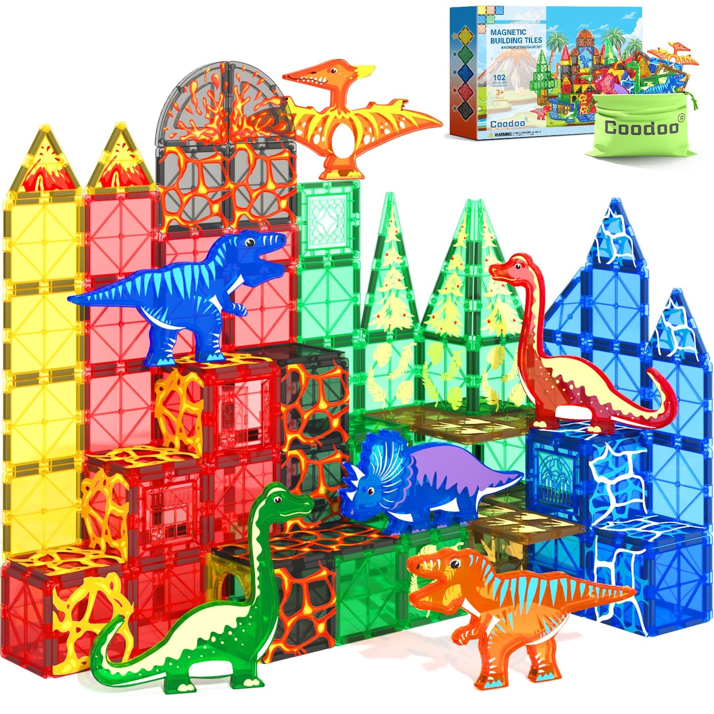 Coodoo 102PCS Dinosaur Magnetic Tiles – Jurassic World Adventure Set (8 Dinosaurs)