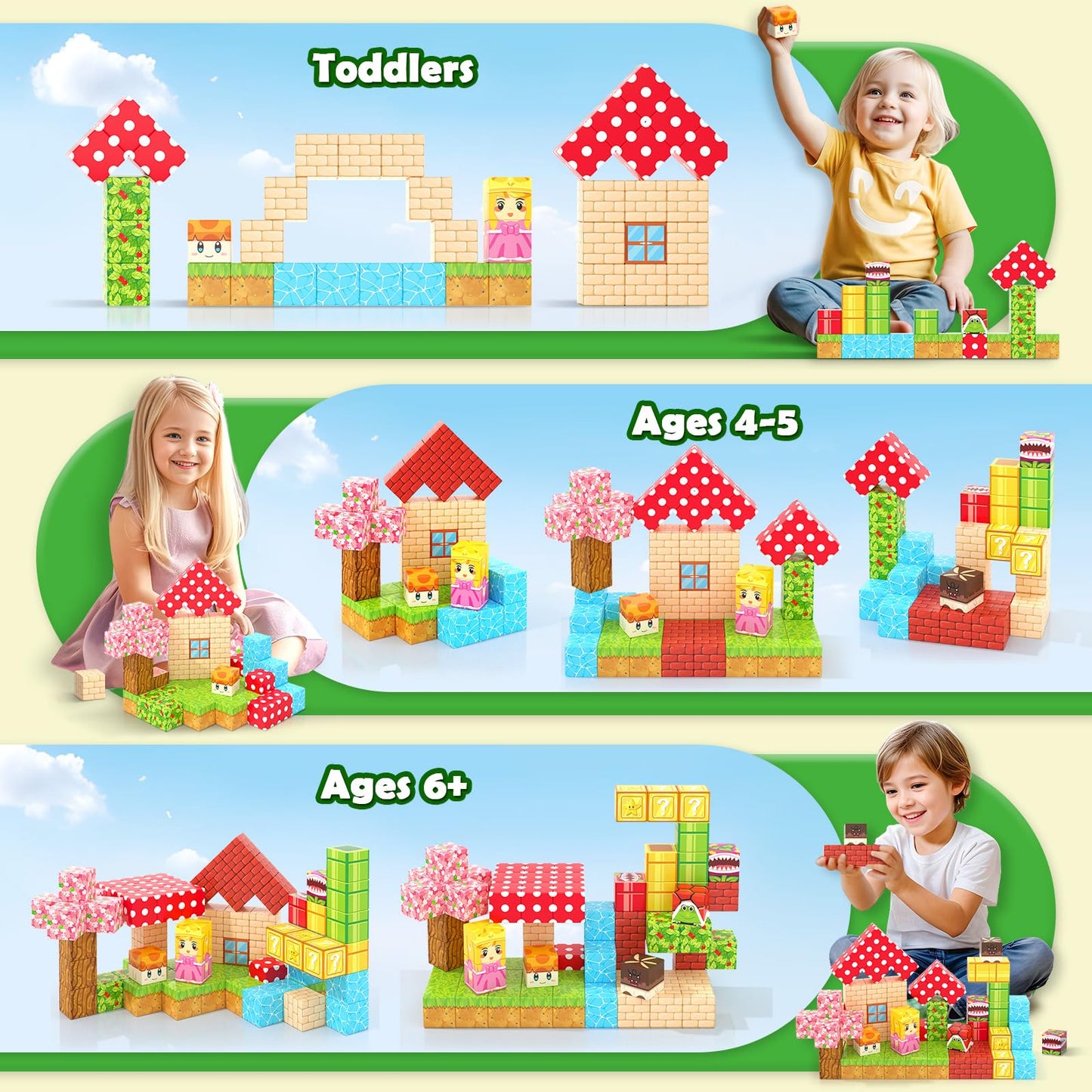 Coodoo Magnetic Blocks - Build Mine Magnet World Teleport Pipes Set (72pcs, 1'' Blocks) | STEM Toys for 3+