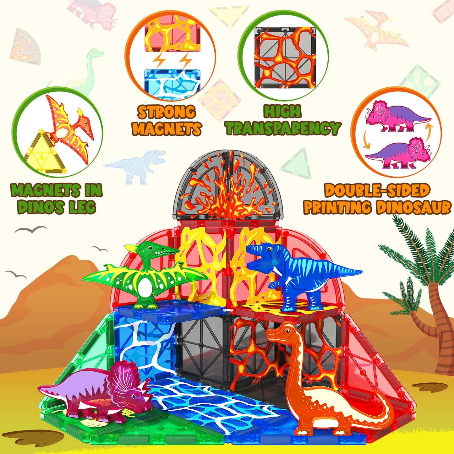 Coodoo Lava Dinosaur Magnetic Tiles Set | Magnetic Building Blocks for Kids