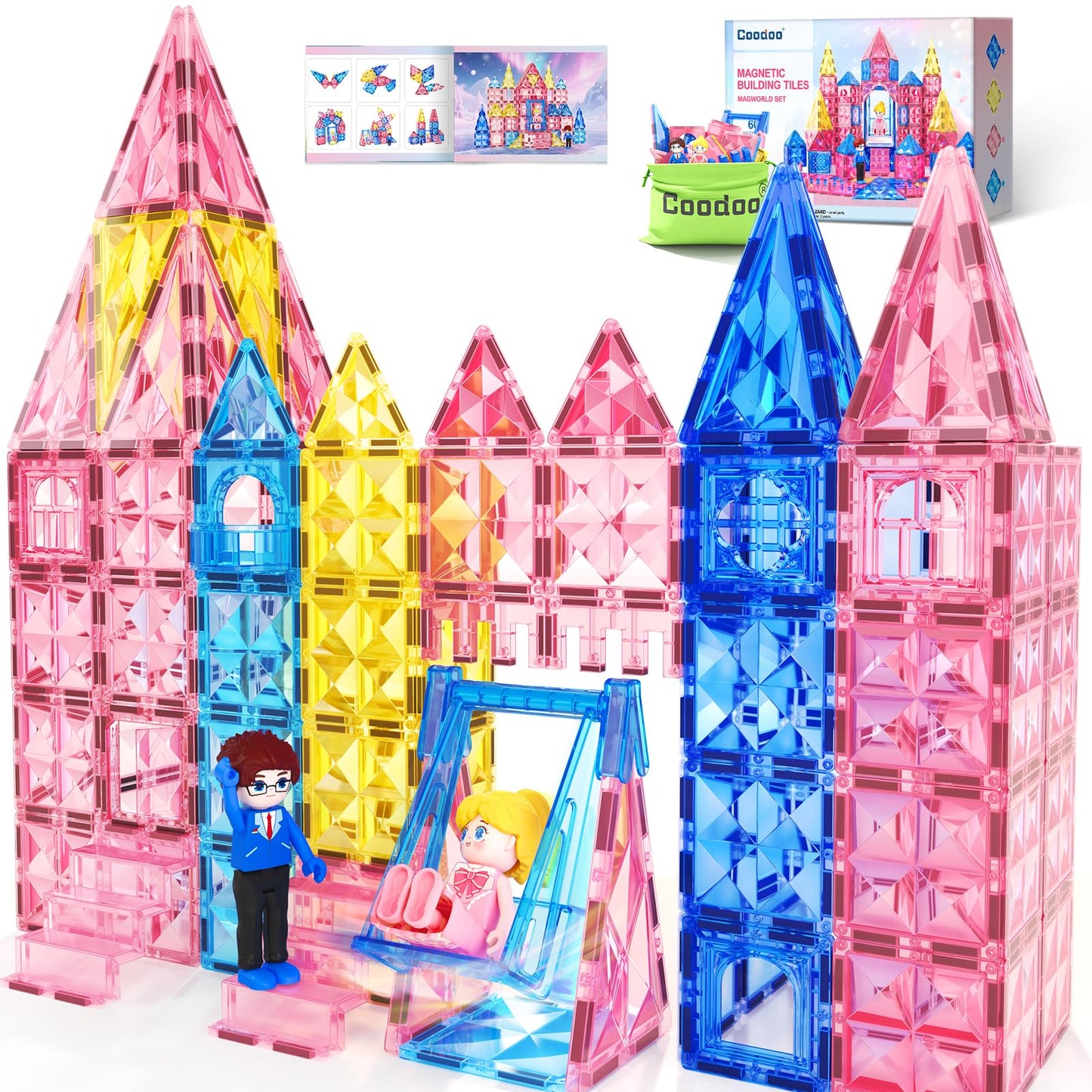 Coodoo Diamond Magnetic Tiles – 60-Piece STEM Castle Building Set for Kids 3–8