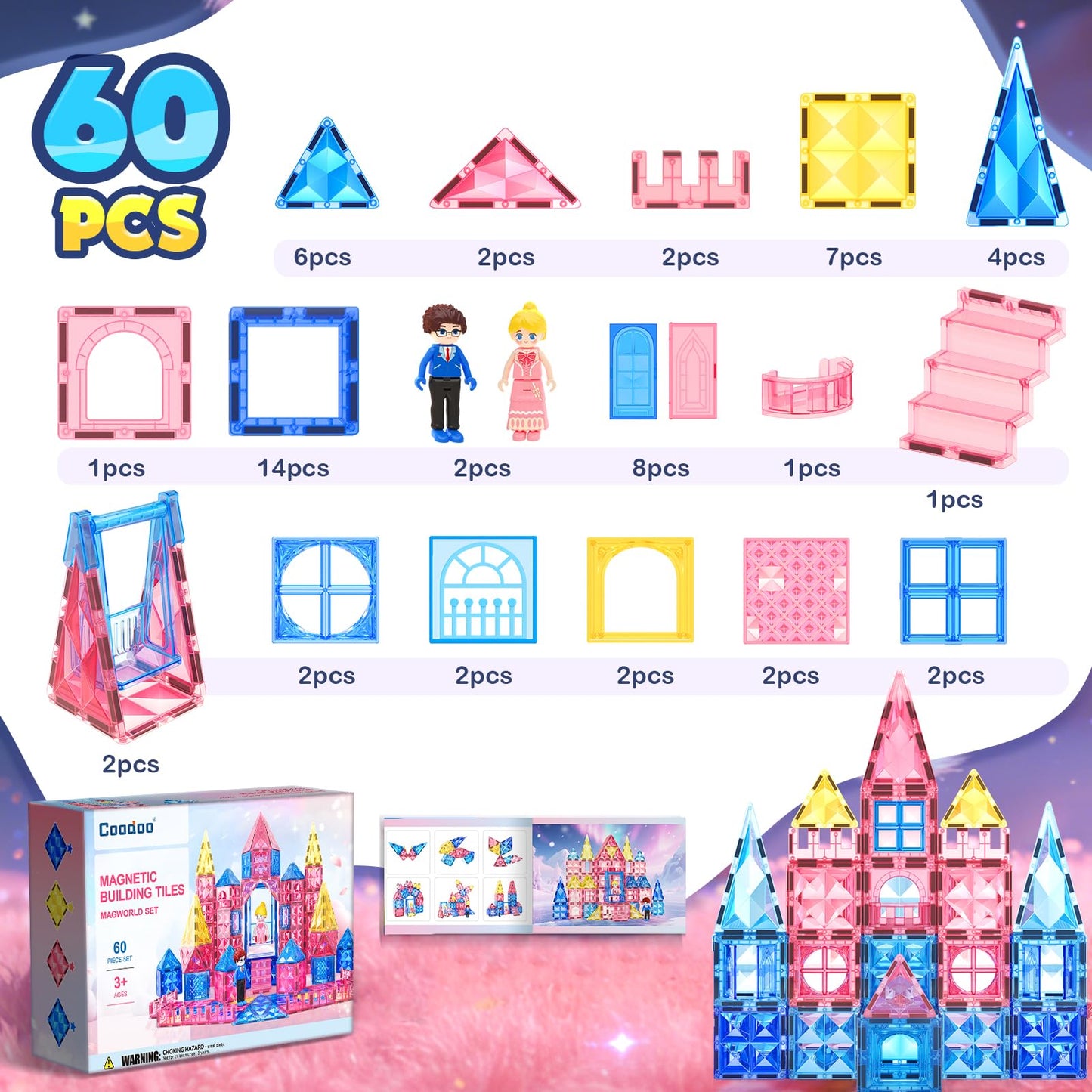 Coodoo Diamond Magnetic Tiles – 60-Piece STEM Castle Building Set for Kids 3–8
