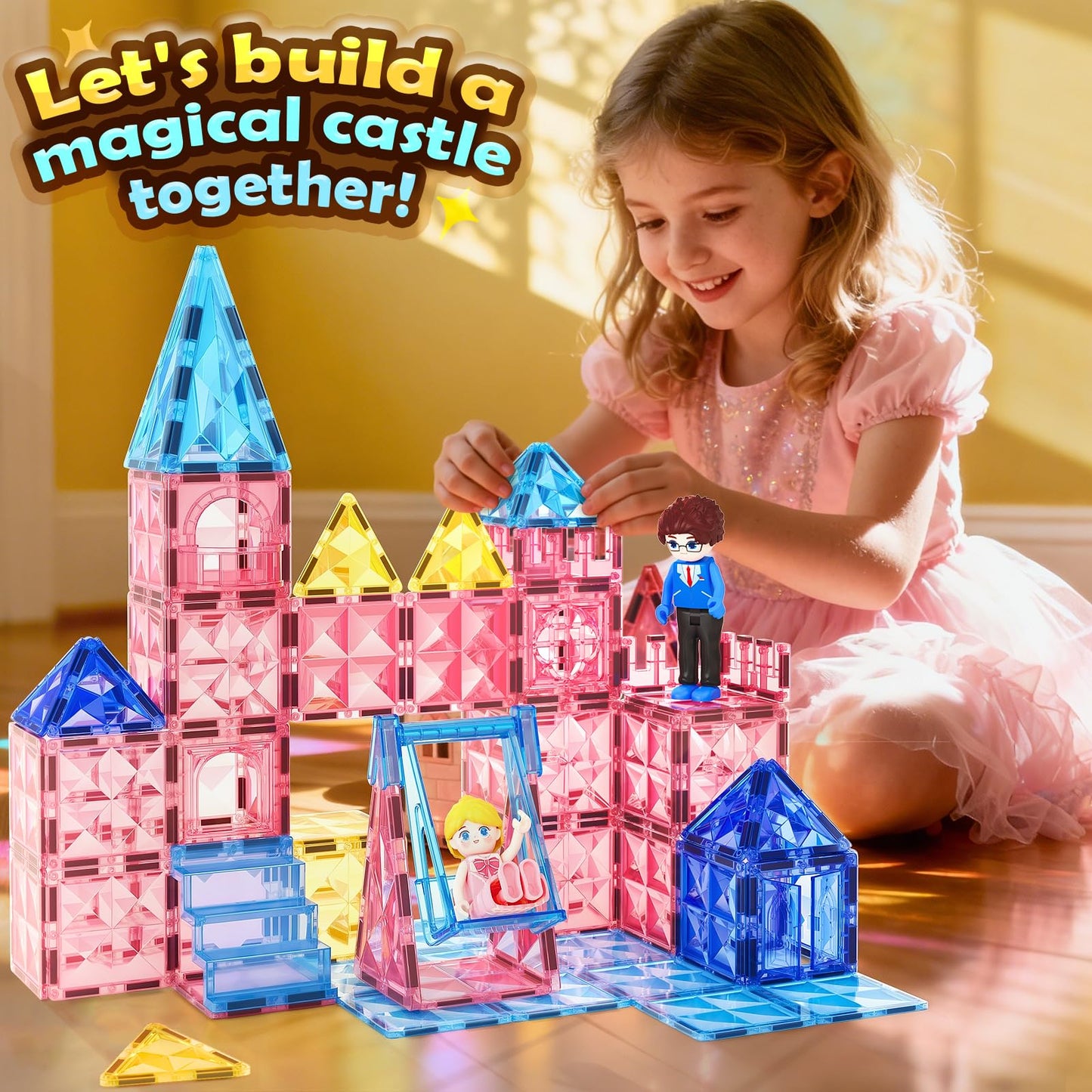 Coodoo Diamond Magnetic Tiles – 60-Piece STEM Castle Building Set for Kids 3–8