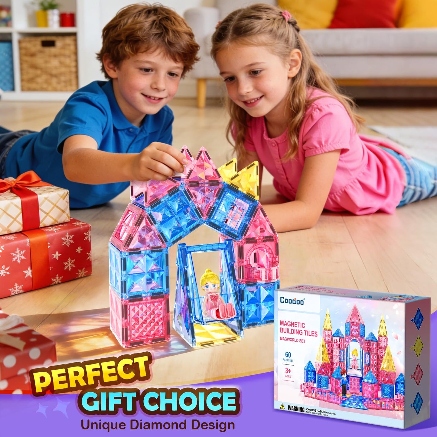 Coodoo Diamond Magnetic Tiles – 60-Piece STEM Castle Building Set for Kids 3–8