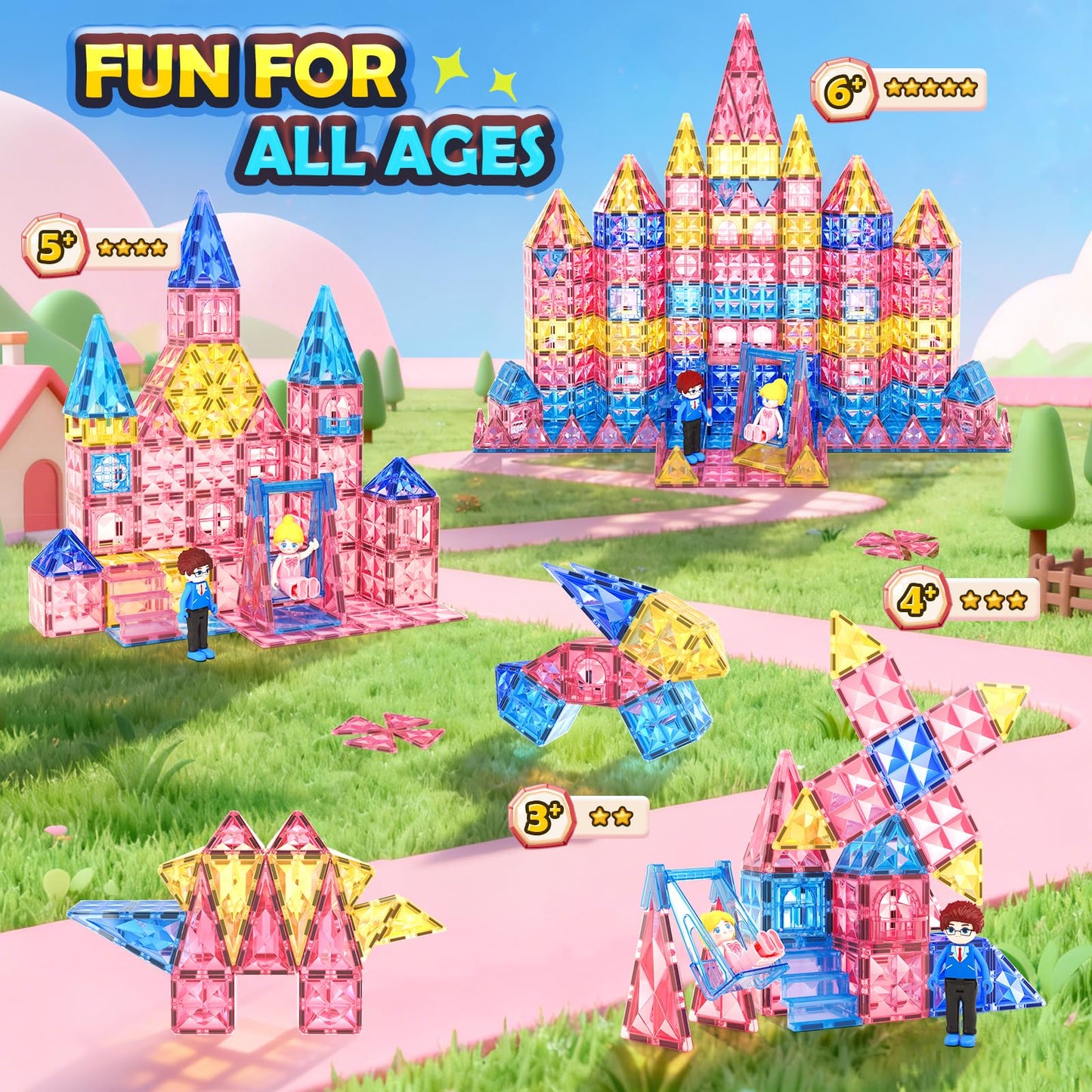Coodoo Diamond Magnetic Tiles – 60-Piece STEM Castle Building Set for Kids 3–8