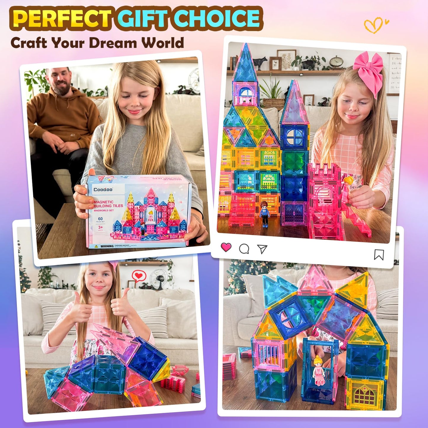 Coodoo Diamond Magnetic Tiles – 60-Piece STEM Castle Building Set for Kids 3–8