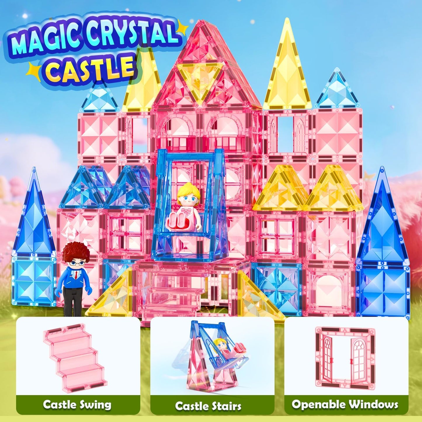 Coodoo Diamond Magnetic Tiles – 60-Piece STEM Castle Building Set for Kids 3–8