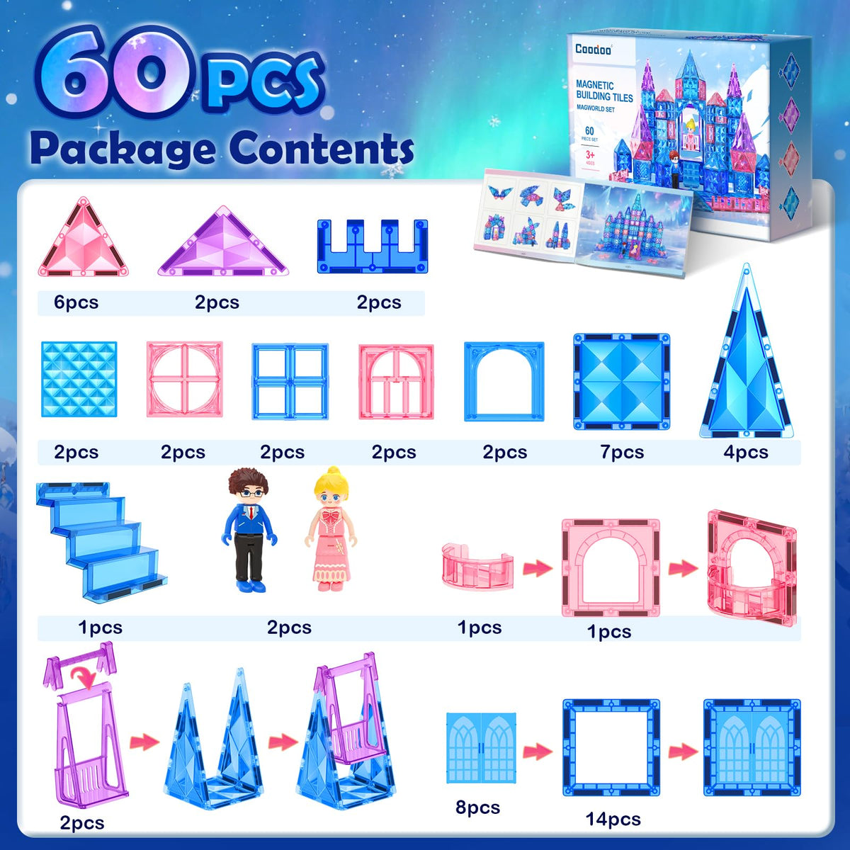 Coodoo Diamond Magnetic Tiles & Building Blocks — Princess Toys for Kids Ages 3-8