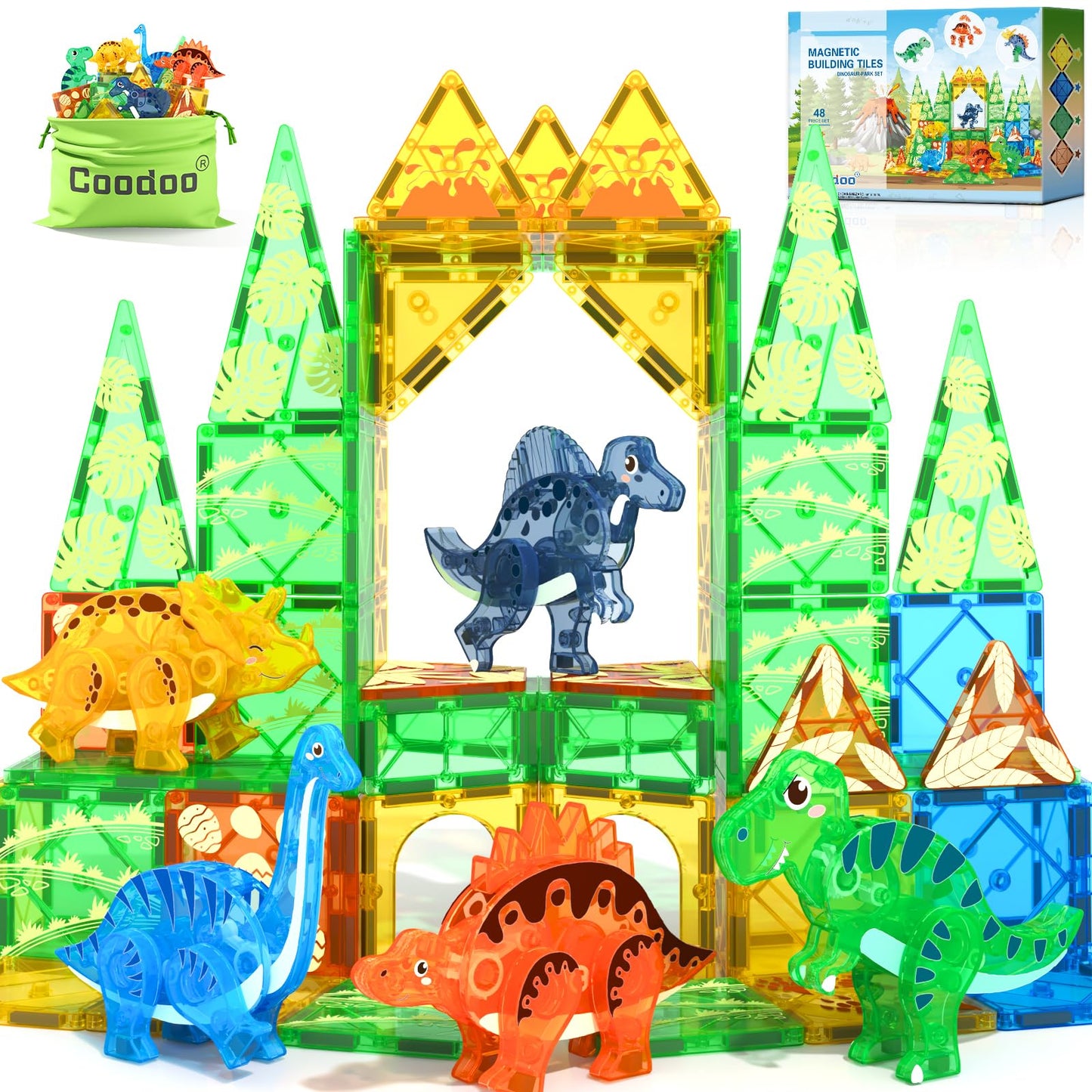Coodoo Dinosaur Toys Magnetic Tiles – 3D Movable Dinos for STEM Play (Ages 3+)