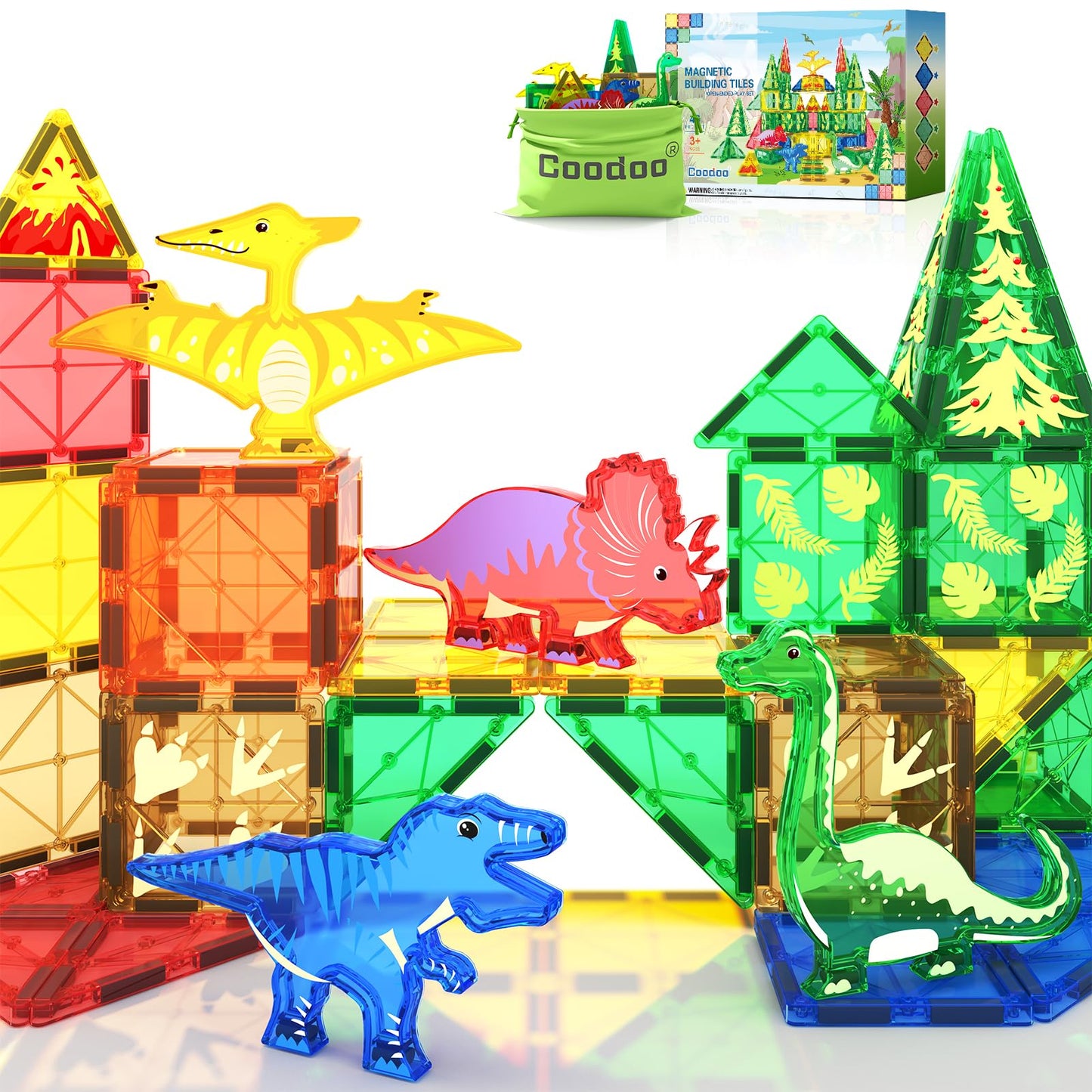 Coodoo Dinosaur Toys Magnetic Tiles – STEM Building Blocks for Kids 3+ | Imaginative Dinosaur World