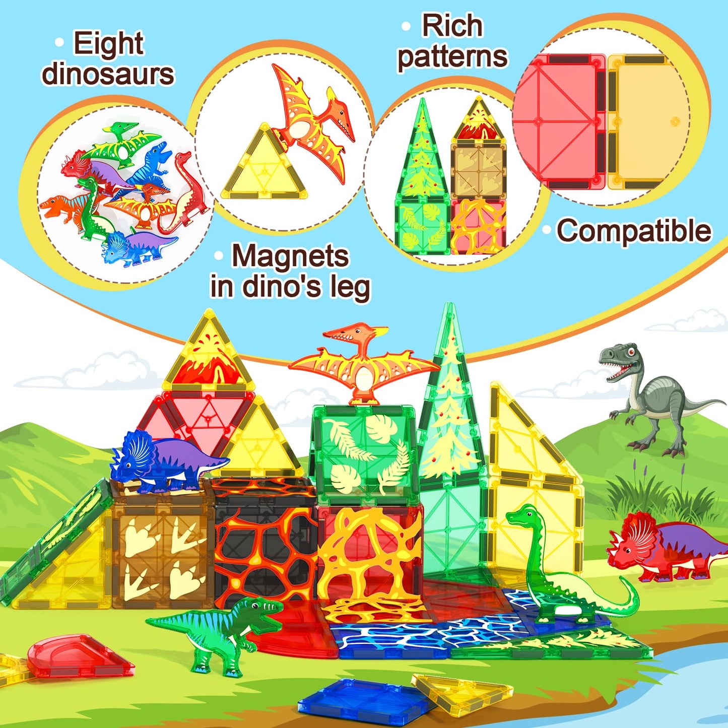 Coodoo 102PCS Dinosaur Magnetic Tiles – Jurassic World Adventure Set (8 Dinosaurs)