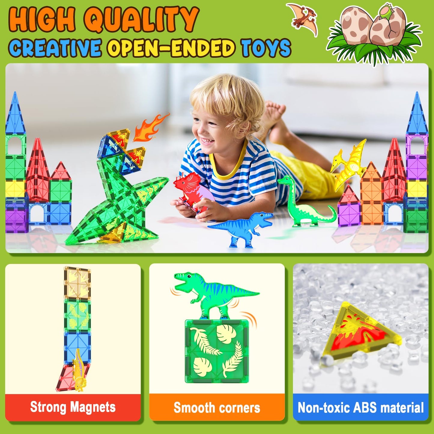 Coodoo Dinosaur Toys Magnetic Tiles – STEM Building Blocks for Kids 3+ | Imaginative Dinosaur World