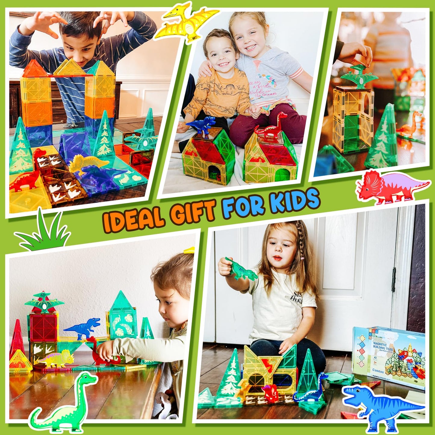 Coodoo Dinosaur Toys Magnetic Tiles – STEM Building Blocks for Kids 3+ | Imaginative Dinosaur World