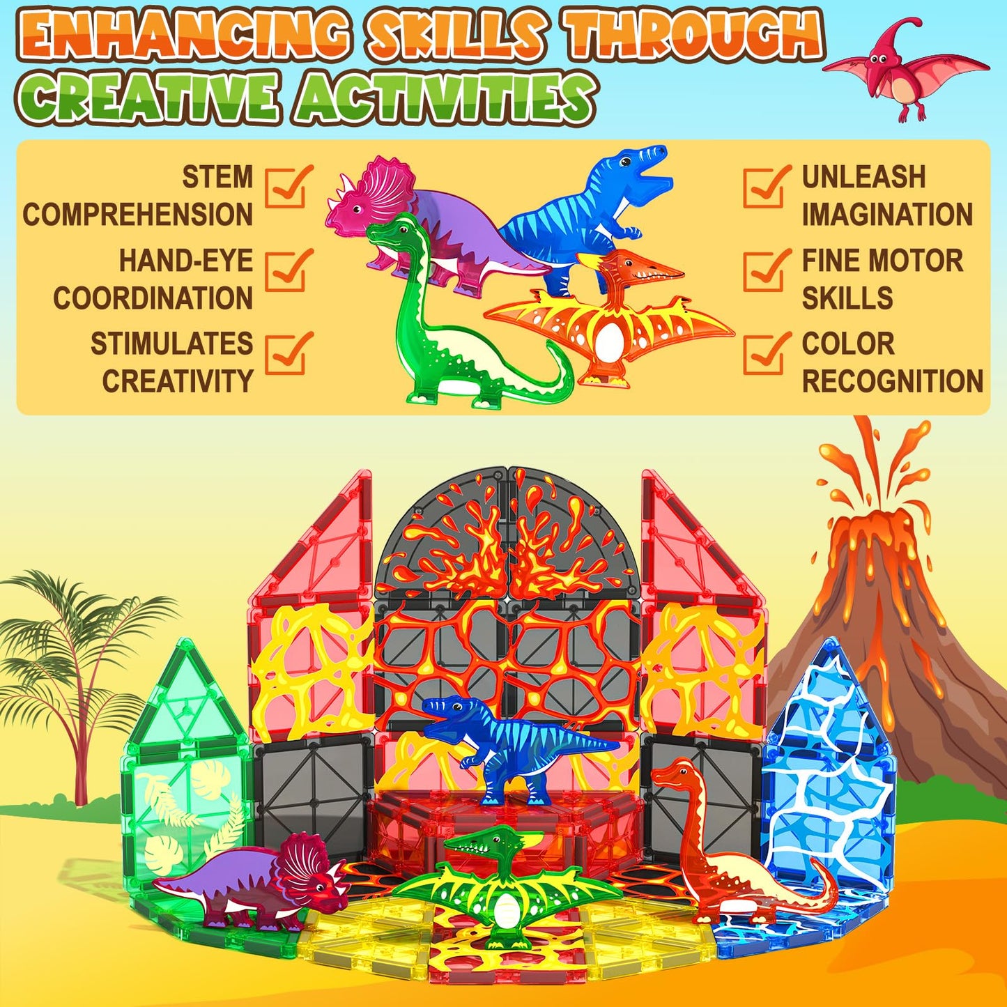 Coodoo Lava Dinosaur Magnetic Tiles Set | Magnetic Building Blocks for Kids