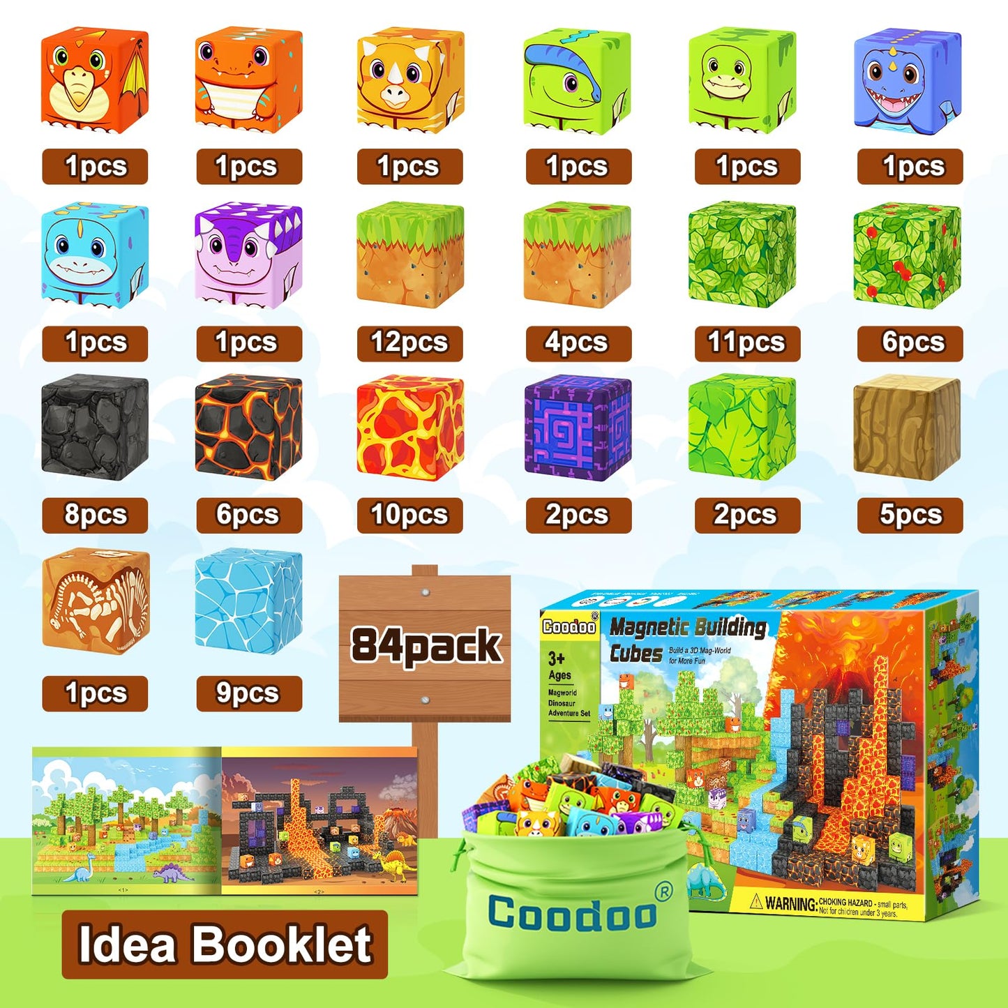 Coodoo Dinosaur Toys Magnetic Blocks – Build Mine Magnet World Adventure Set for Kids 3+