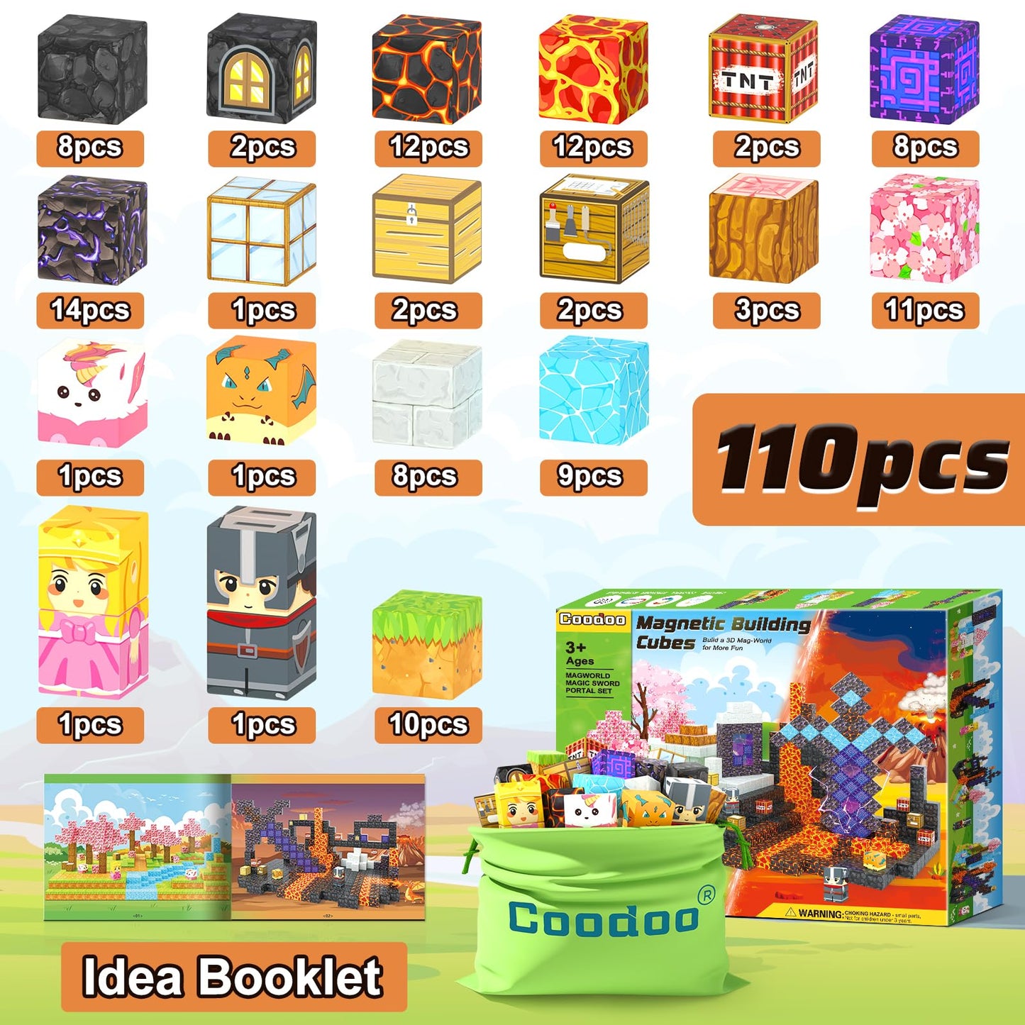 Coodoo 110PCS Magnetic Blocks – Build Mine Magnet World with Sword Portal | STEM Toys for Kids 3-8