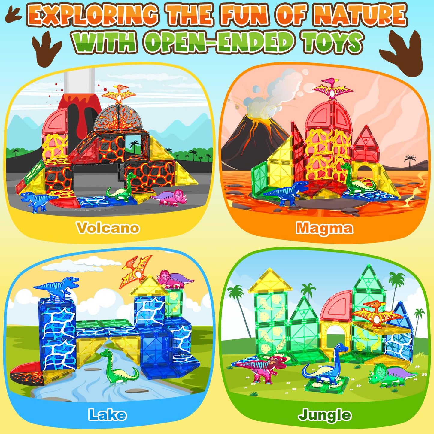 Coodoo Lava Dinosaur Magnetic Tiles Set | Magnetic Building Blocks for Kids