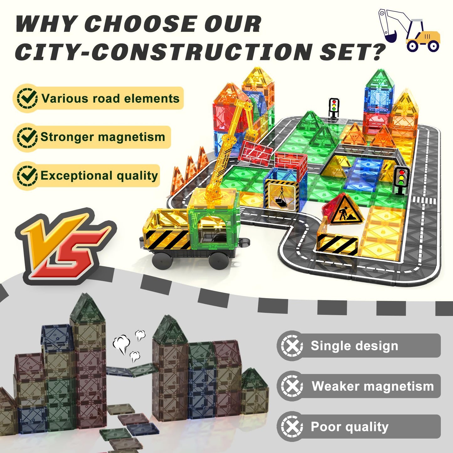 COODOO Kids Magnetic Road Set with Extendable Crane – City Building Toys for Ages 3+