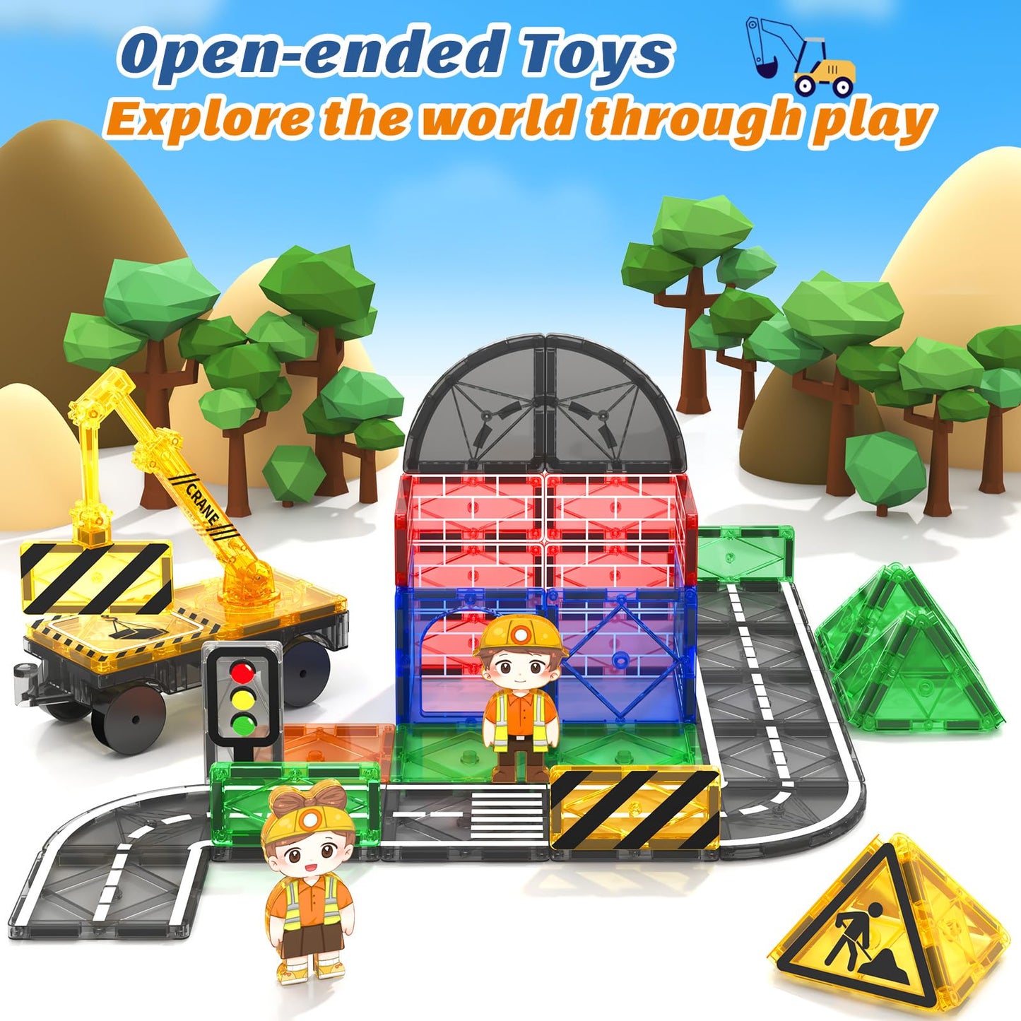 COODOO Kids Magnetic Road Set with Extendable Crane – City Building Toys for Ages 3+