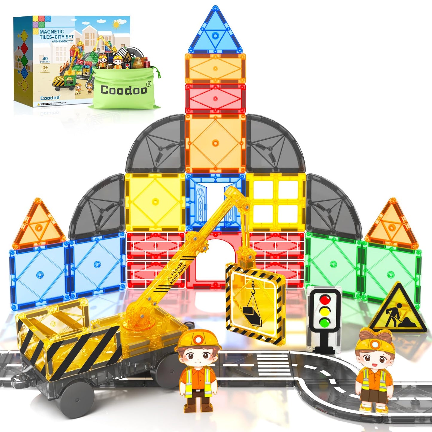 COODOO Kids Magnetic Road Set with Extendable Crane – City Building Toys for Ages 3+