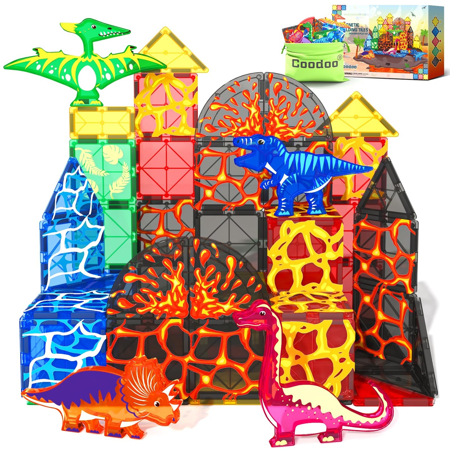 Coodoo Lava Dinosaur Magnetic Tiles Set | Magnetic Building Blocks for Kids