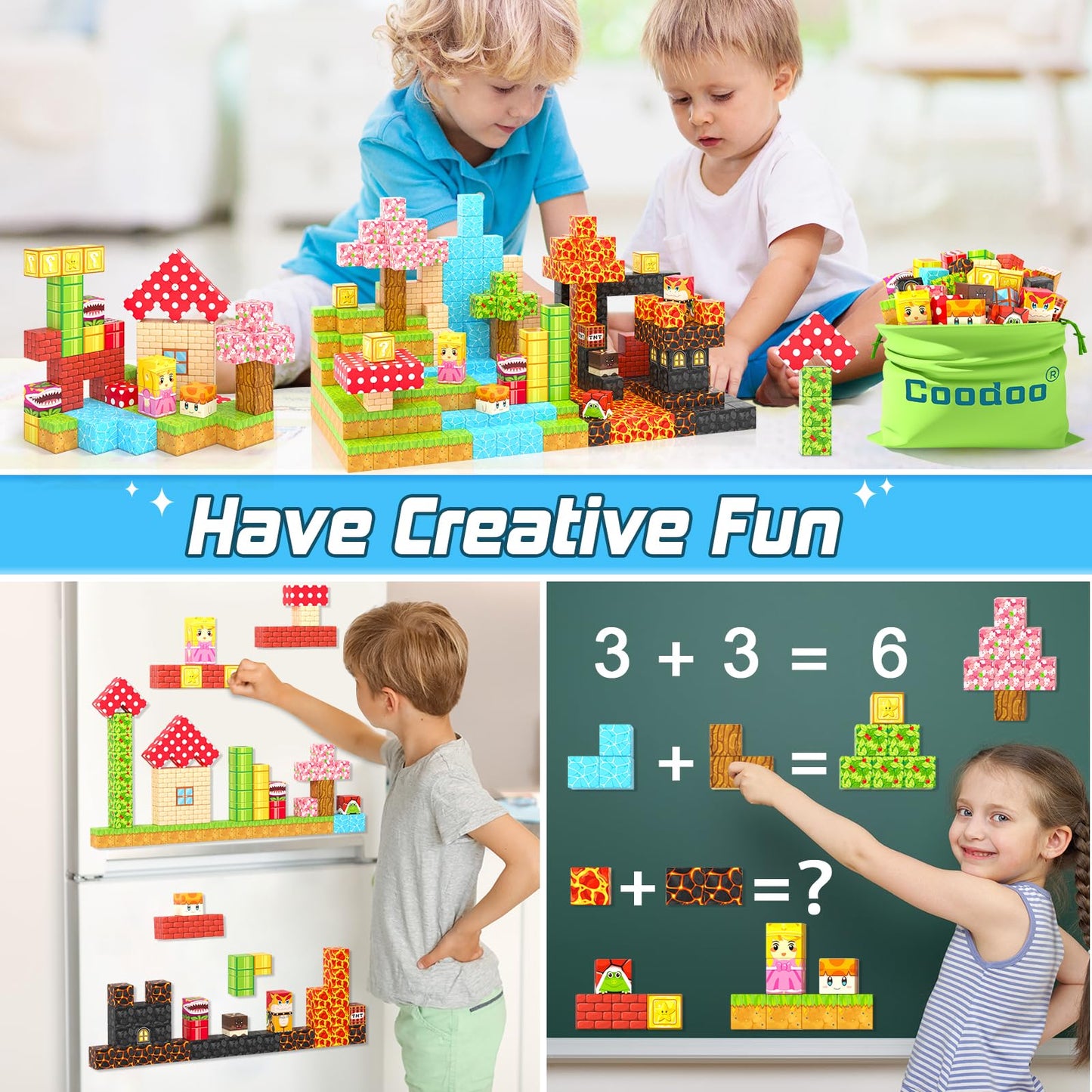 Coodoo 110PCS Magnetic Blocks – Teleport Pipes & Mine World Compatible STEM Toy