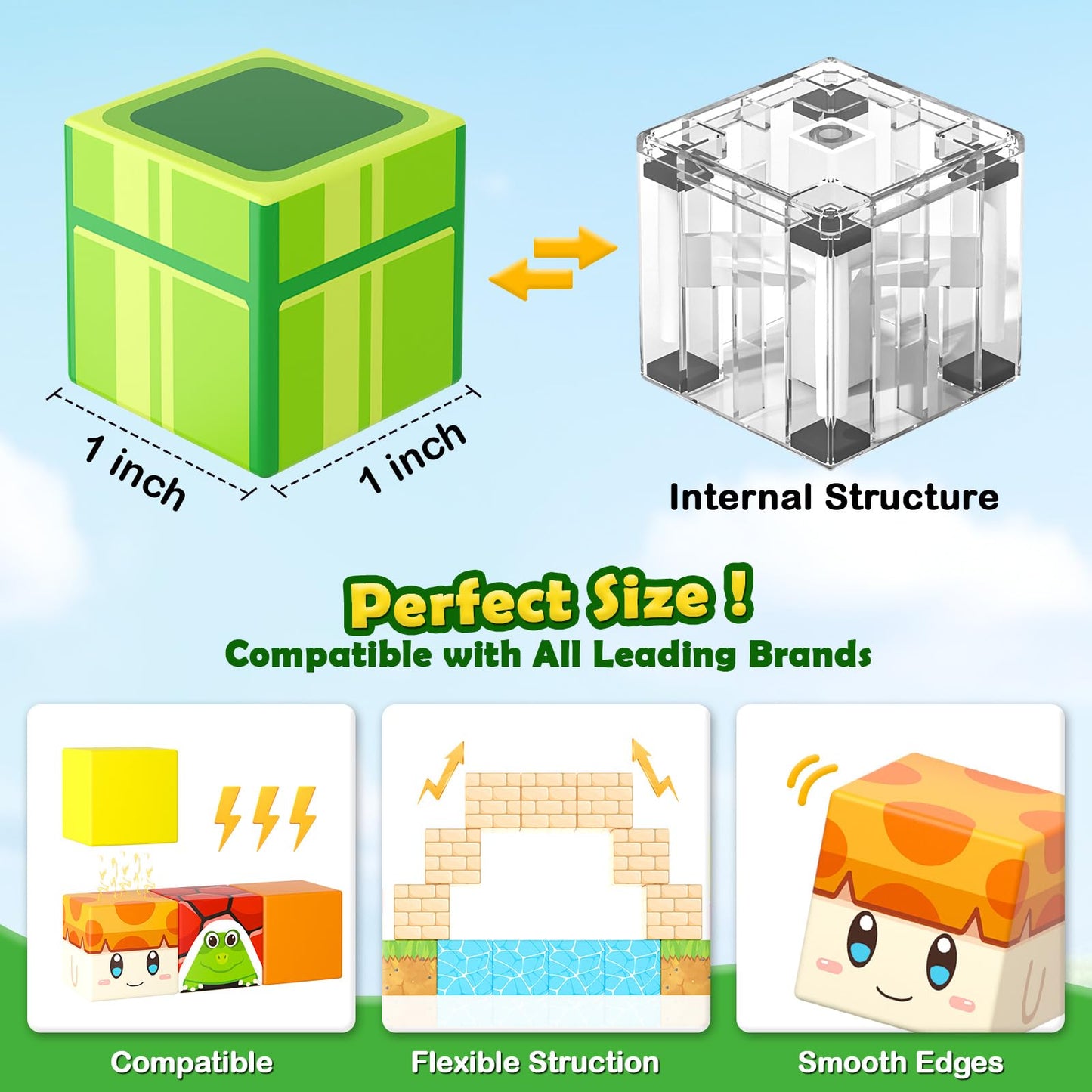 Coodoo Magnetic Blocks - Build Mine Magnet World Teleport Pipes Set (72pcs, 1'' Blocks) | STEM Toys for 3+