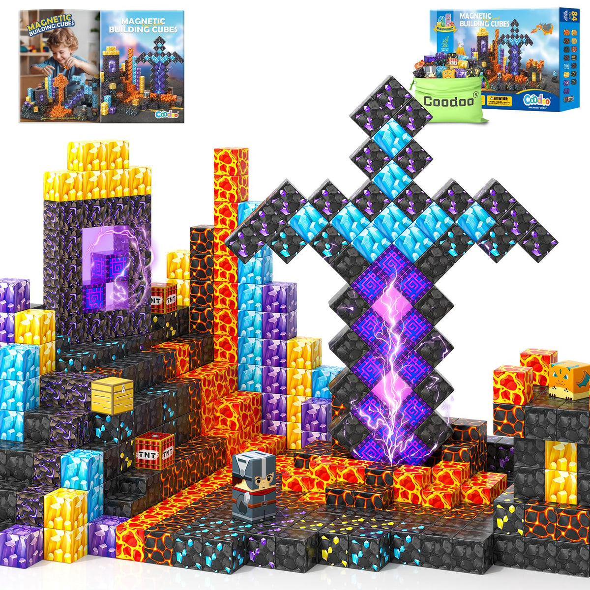 Coodoo Magnetic Blocks - Build Mine Magnet World Magic Sword Portal Set (84pcs) | Creative STEM Toy for Kids 3+