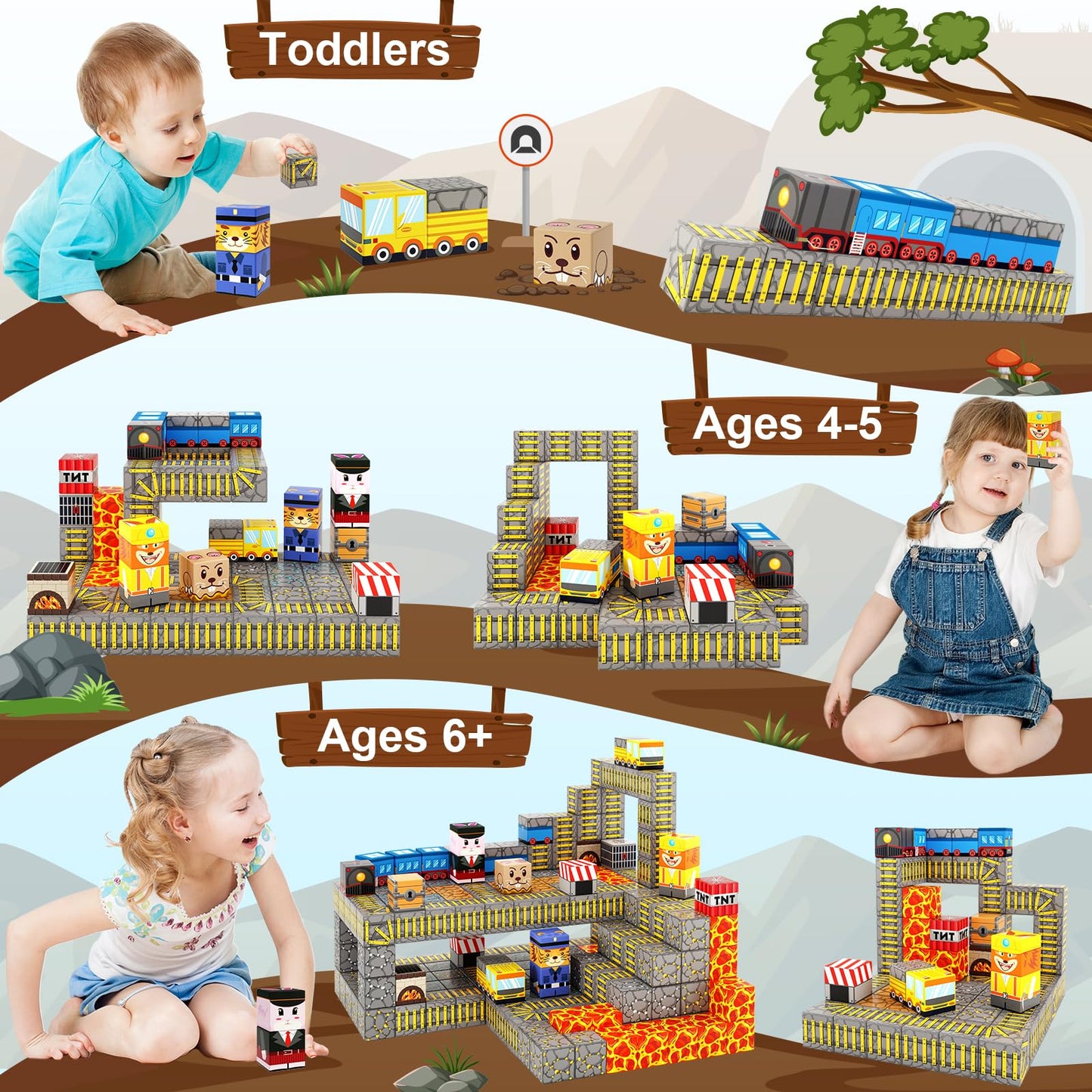 Coodoo Magnetic Blocks - Mine Train Track Set | 84-Piece STEM Sensorial Building Toy for 3+