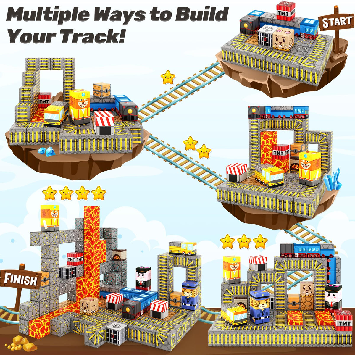 Coodoo Magnetic Blocks - Mine Train Track Set | 84-Piece STEM Sensorial Building Toy for 3+