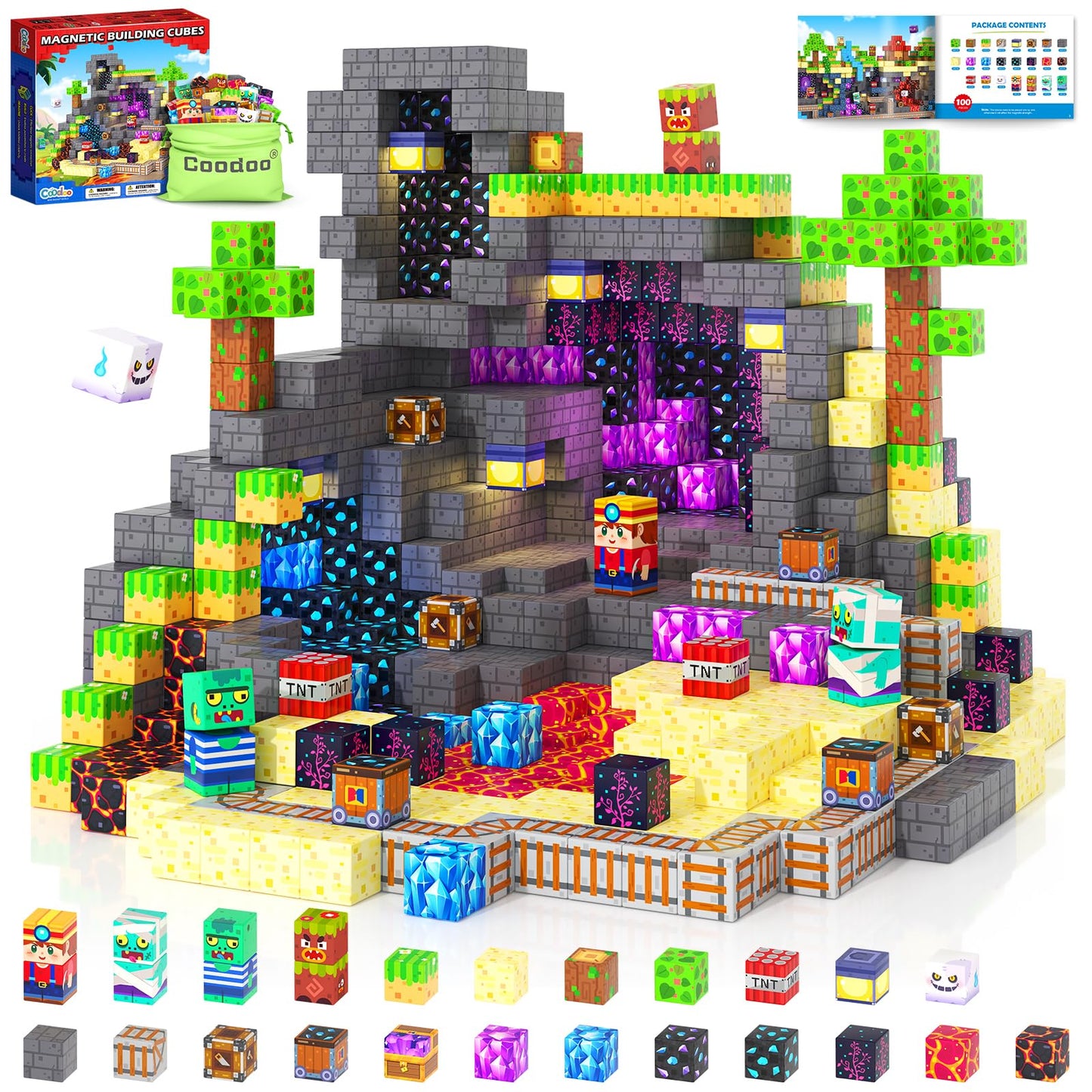 Coodoo Magnetic Blocks: Mine Magnet World STEM Building Tiles for Kids 3-8
