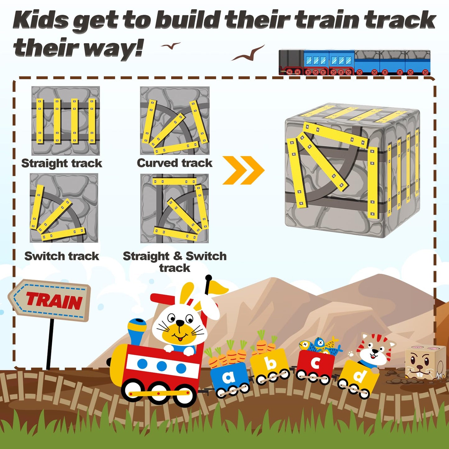 Coodoo Magnetic Blocks - Mine Train Track Set | 84-Piece STEM Sensorial Building Toy for 3+