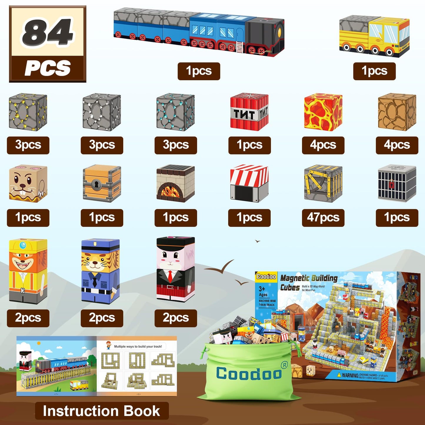 Coodoo Magnetic Blocks - Mine Train Track Set | 84-Piece STEM Sensorial Building Toy for 3+