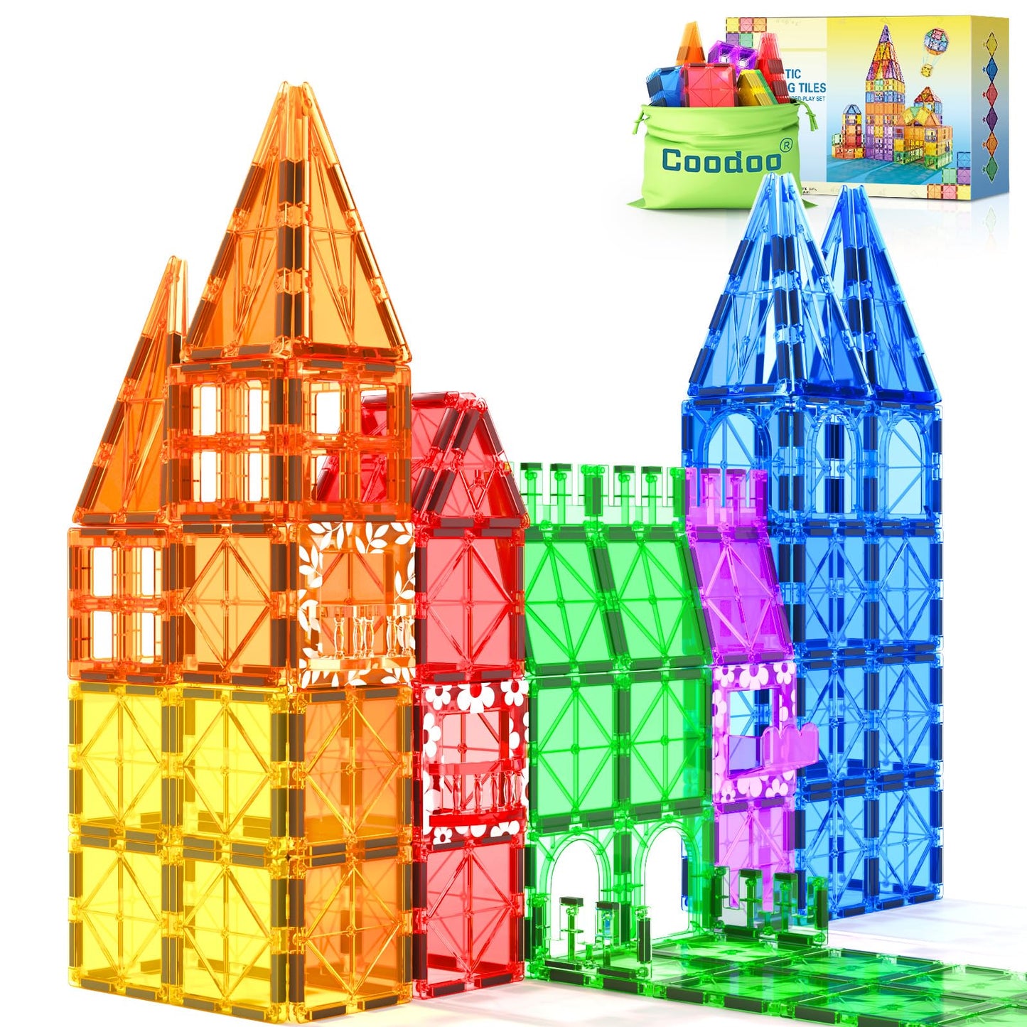 Coodoo 60 PCS Magnetic Building Tiles – STEM Toys for Kids 3+ | Colorful Sensory Blocks