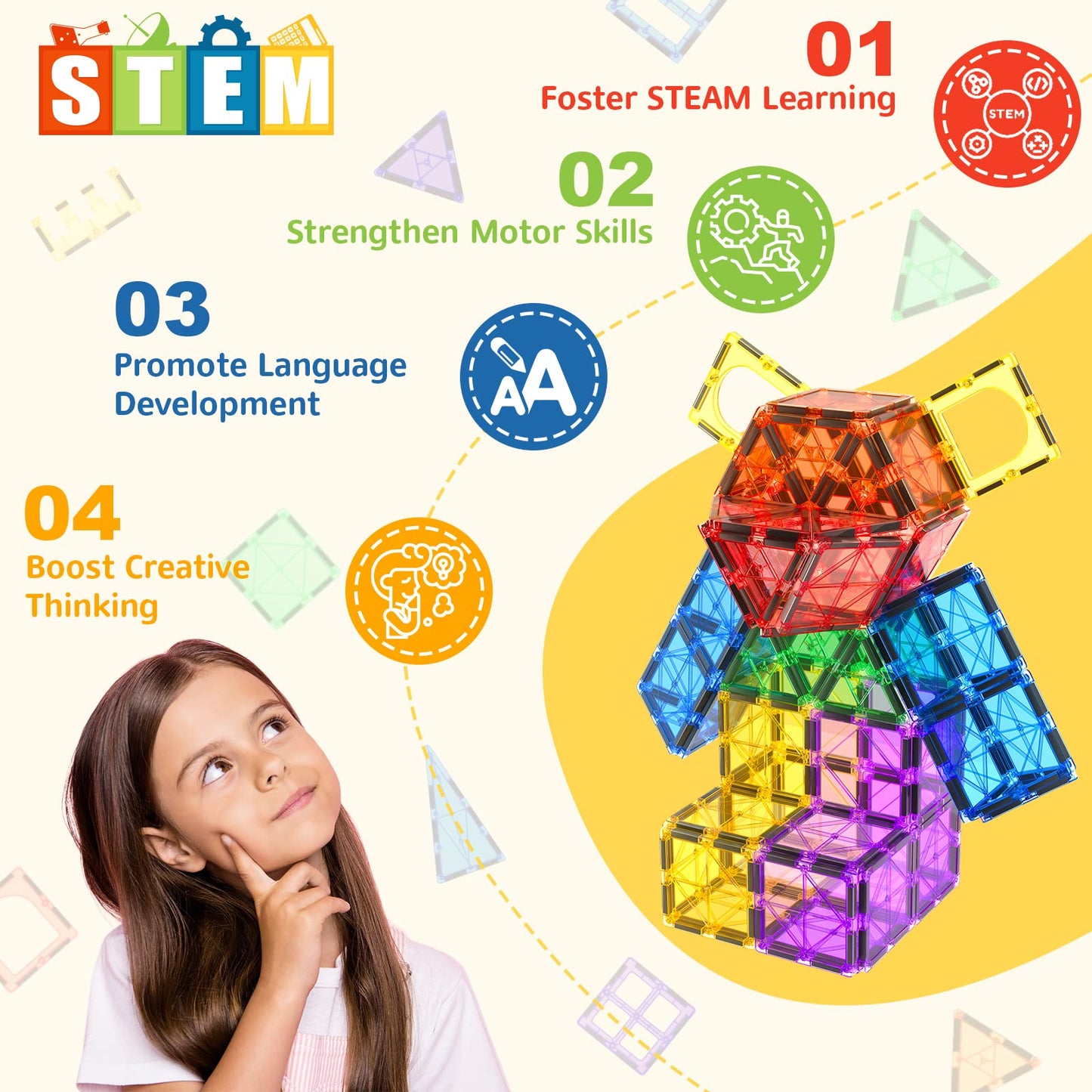 Coodoo 60 PCS Magnetic Building Tiles – STEM Toys for Kids 3+ | Colorful Sensory Blocks