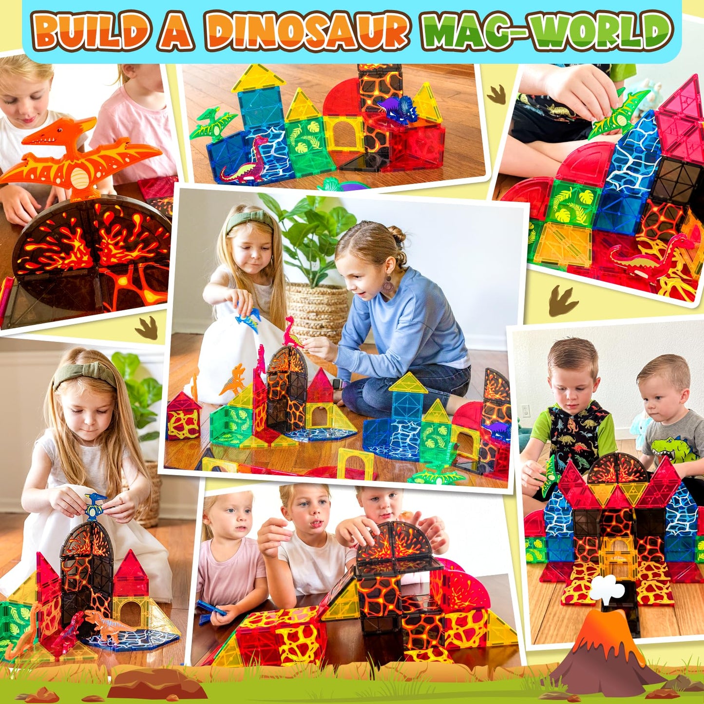 Coodoo Lava Dinosaur Magnetic Tiles Set | Magnetic Building Blocks for Kids