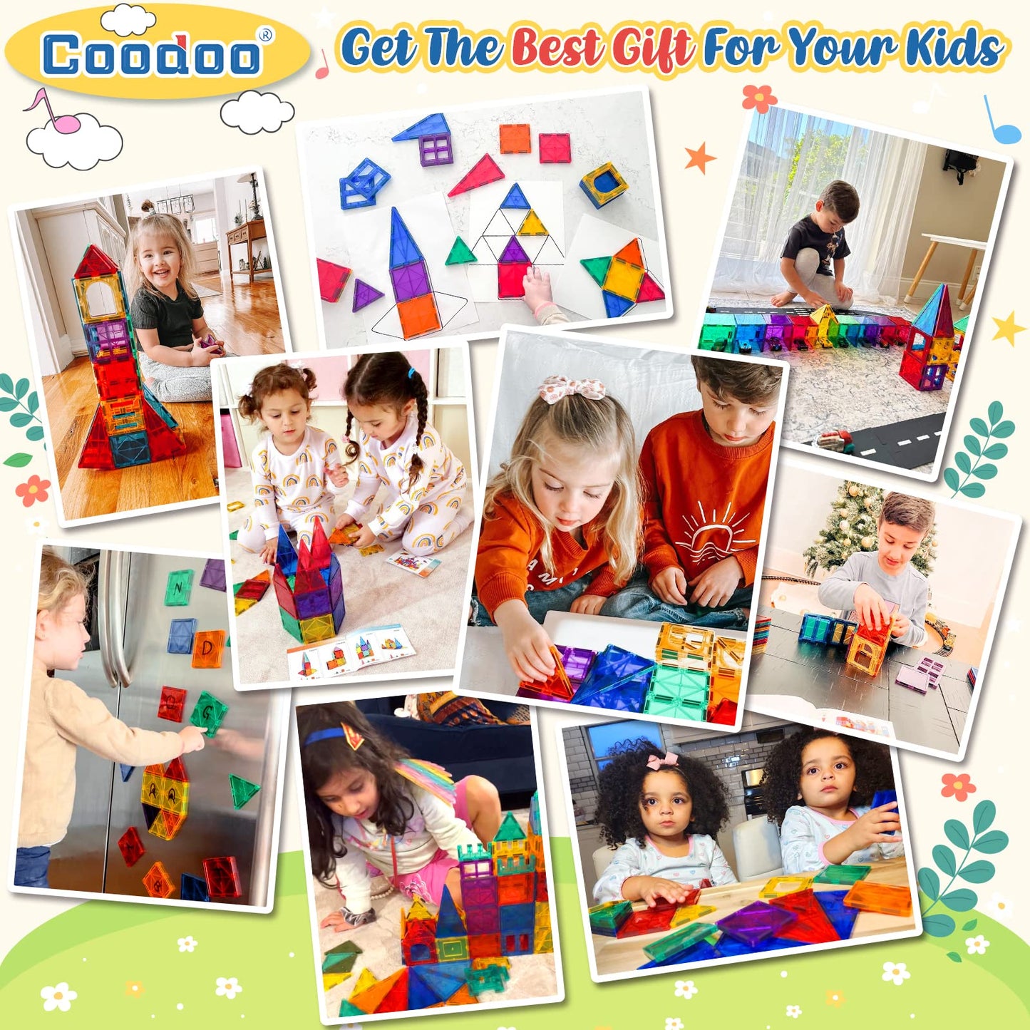 Coodoo 60 PCS Magnetic Building Tiles – STEM Toys for Kids 3+ | Colorful Sensory Blocks