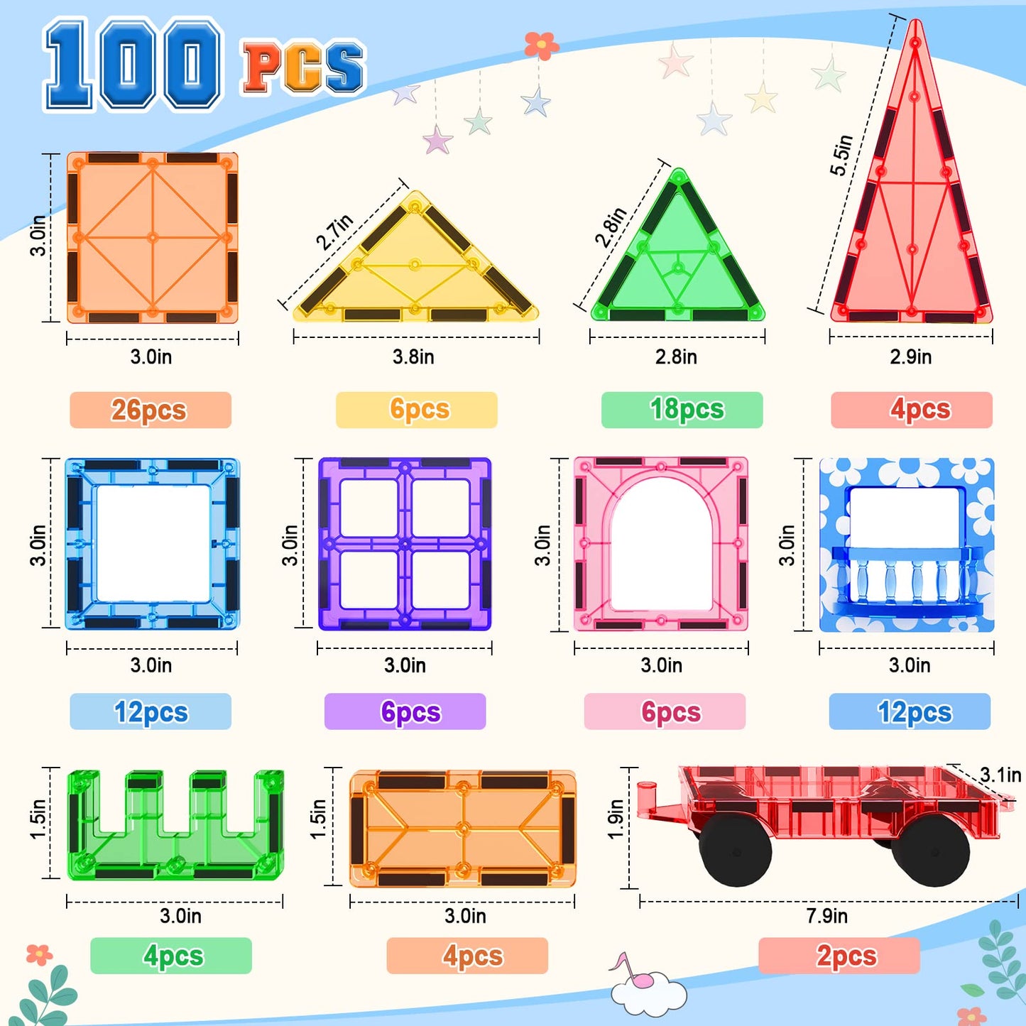 Coodoo 100PCS Magnetic Tiles Set – STEM Building Toys with 2 Cars for Toddlers & Kids 3+
