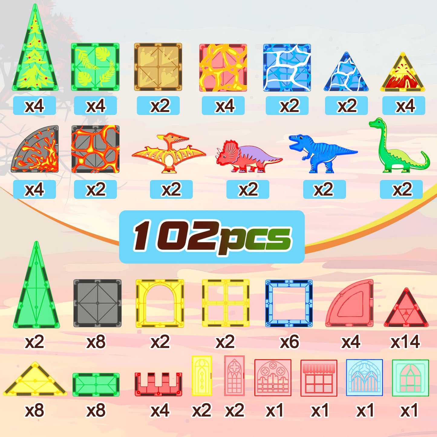 Coodoo 102PCS Dinosaur Magnetic Tiles – Jurassic World Adventure Set (8 Dinosaurs)