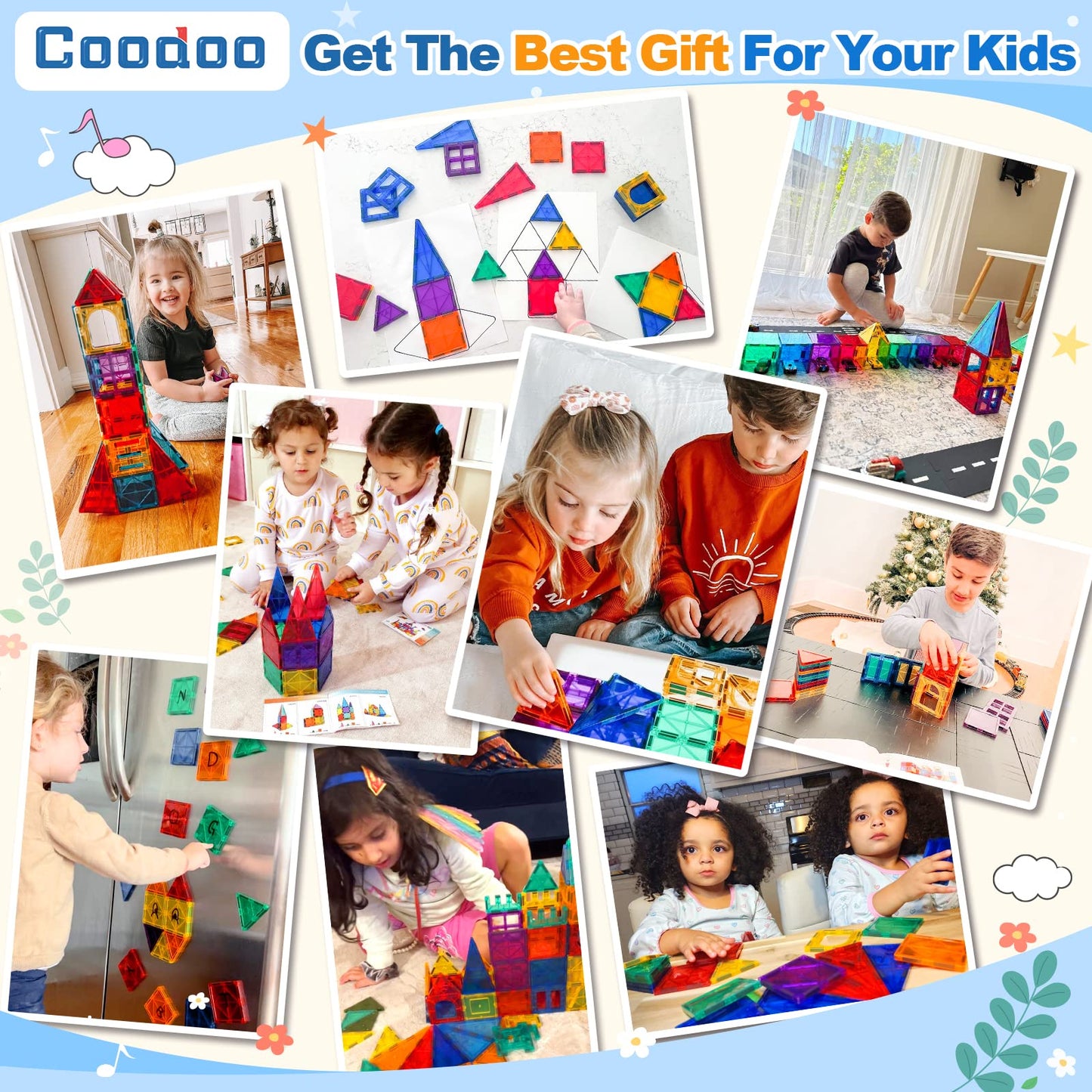 Coodoo 100PCS Magnetic Tiles Set – STEM Building Toys with 2 Cars for Toddlers & Kids 3+