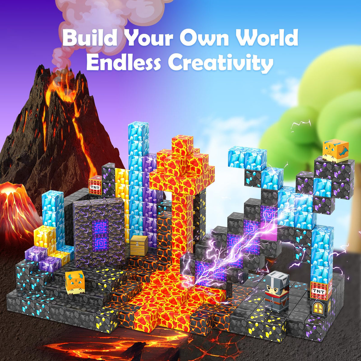 Coodoo Magnetic Blocks - Build Mine Magnet World Magic Sword Portal Set (84pcs) | Creative STEM Toy for Kids 3+