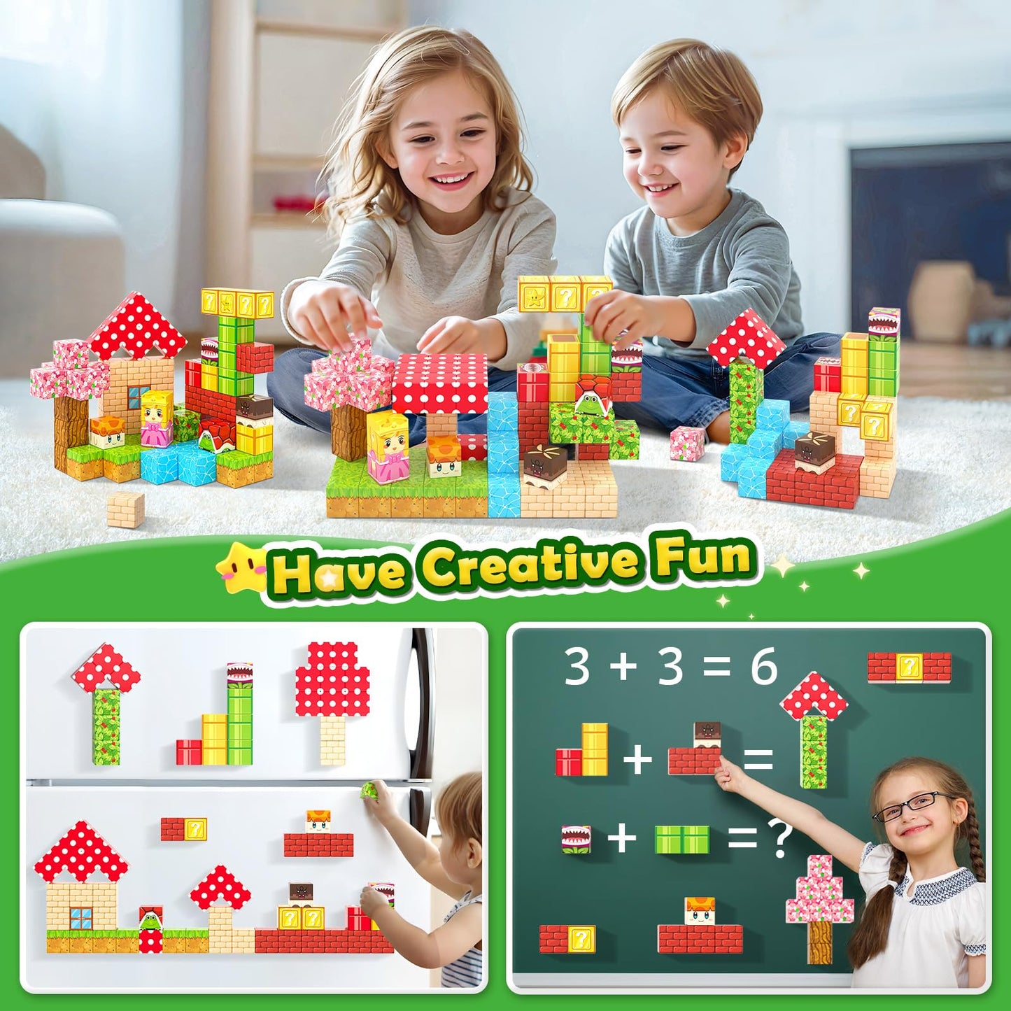 Coodoo Magnetic Blocks - Build Mine Magnet World Teleport Pipes Set (72pcs, 1'' Blocks) | STEM Toys for 3+