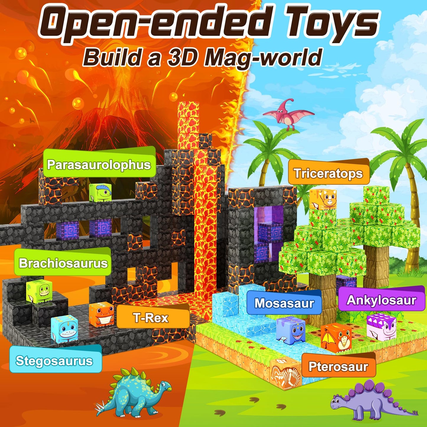 Coodoo Dinosaur Toys Magnetic Blocks – Build Mine Magnet World Adventure Set for Kids 3+