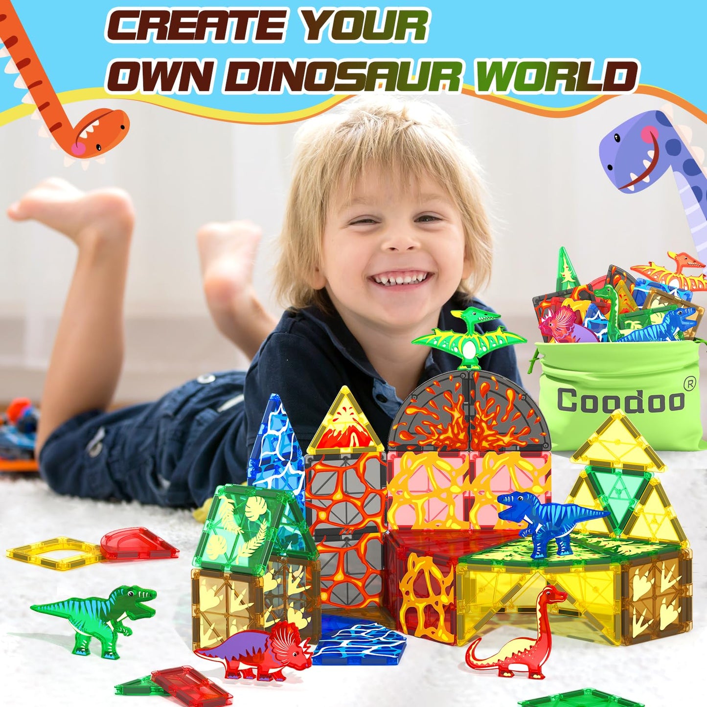 Coodoo 102PCS Dinosaur Magnetic Tiles – Jurassic World Adventure Set (8 Dinosaurs)