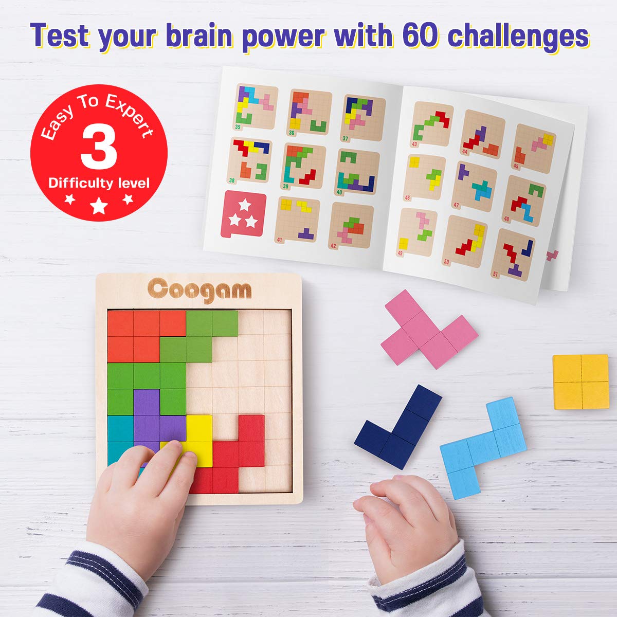Coogam Wooden Puzzle Pattern Blocks – 60 Challenges, 3D Tangram Brain Teasers