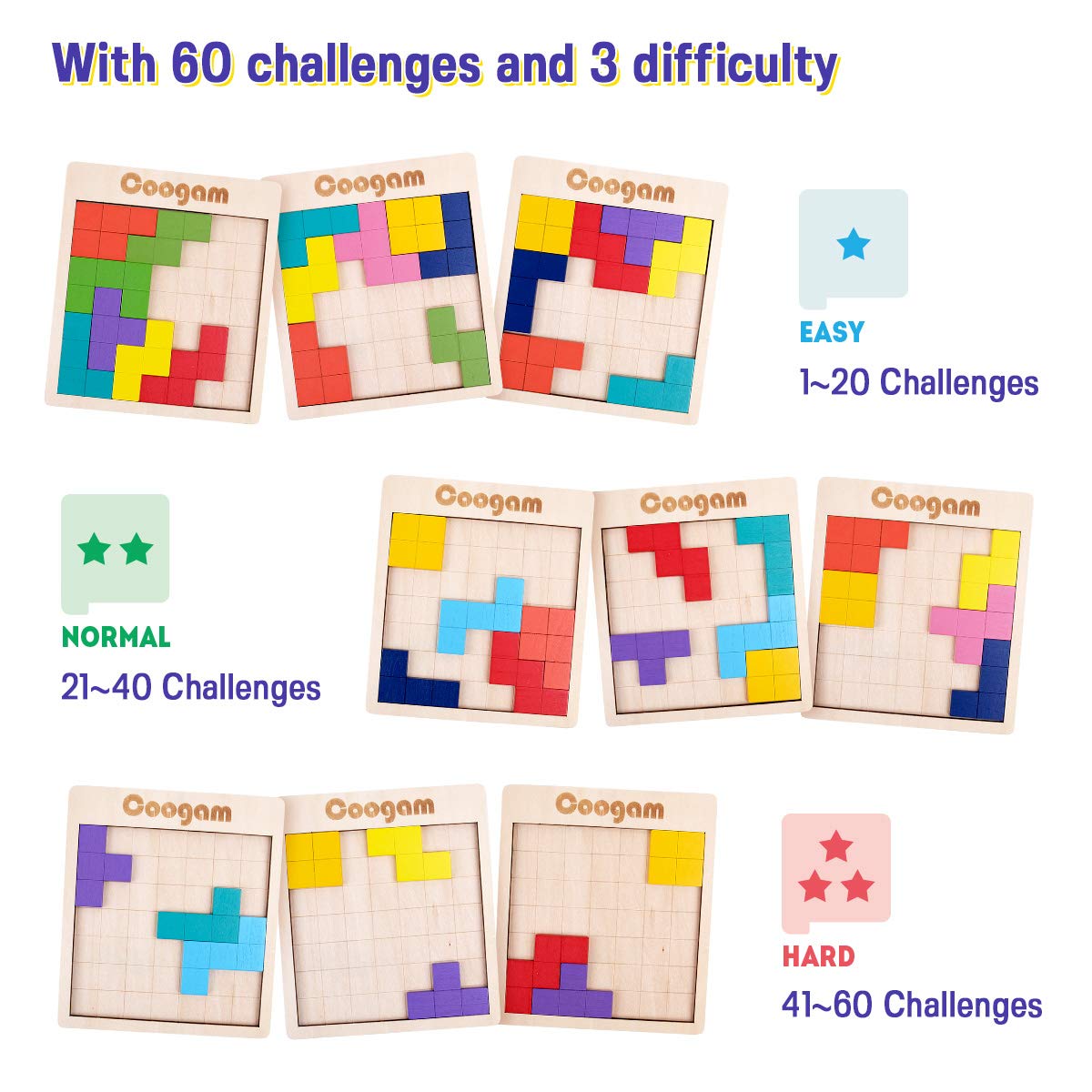 Coogam Wooden Puzzle Pattern Blocks – 60 Challenges, 3D Tangram Brain Teasers