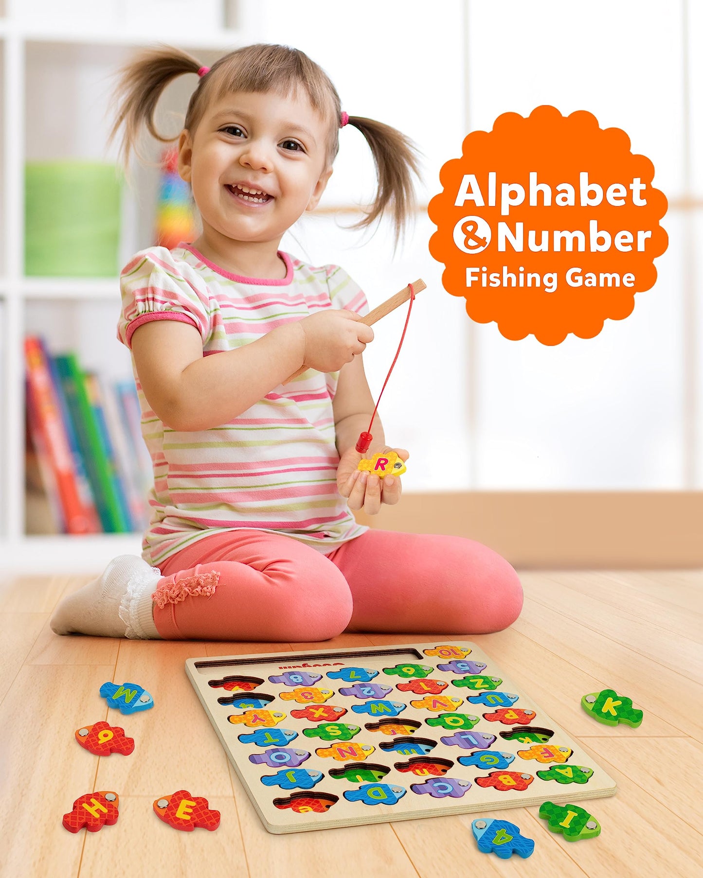Coogam Magnetic Alphabet Numbers Fishing Game – Wooden Montessori Toy for Preschoolers