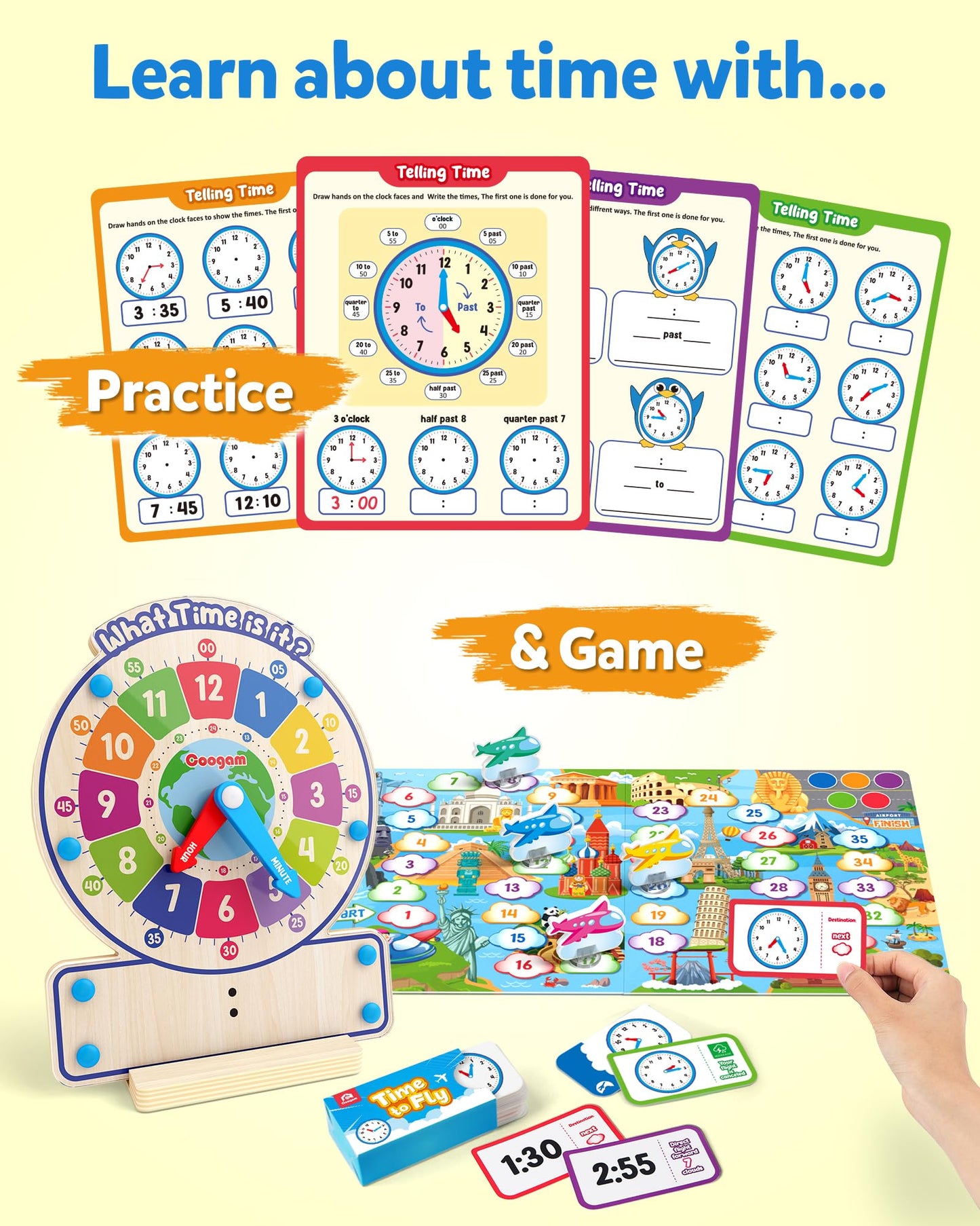 Coogam Wooden Clock Teaching Time Toy | Analog & Digital Time Learning Board Game for 3–5 Year Olds